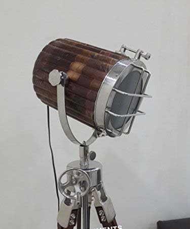 THOR INSTRUMENTS Nautical Designer Modern Wooden Search Light Spotlight Tripod Floor Lamp - Rustic Vintage Home Decor Gift for Living Room, Bedroom, Office & Study Room Lighting