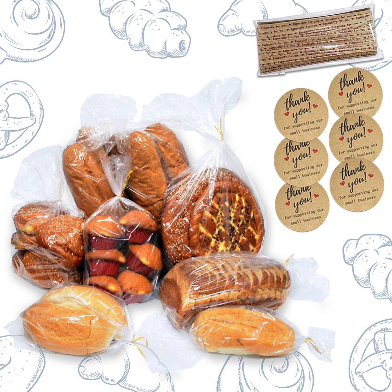 100 Clear Bread Bags with Ties & Thank You Stickers - 8