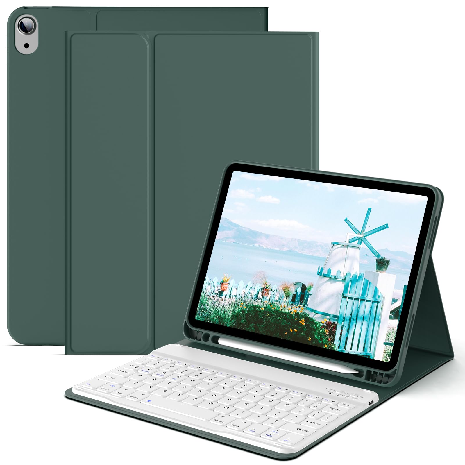 JKSML 10.9 Inch iPad Air 5th/4th Generation Case (2022/2020 Model) - Magnetic Detachable Bluetooth Keyboard Cover with Pencil Holder, Auto Wake/Sleep Smart Folio - Perfect for Work, Study & Travel - Dark Green