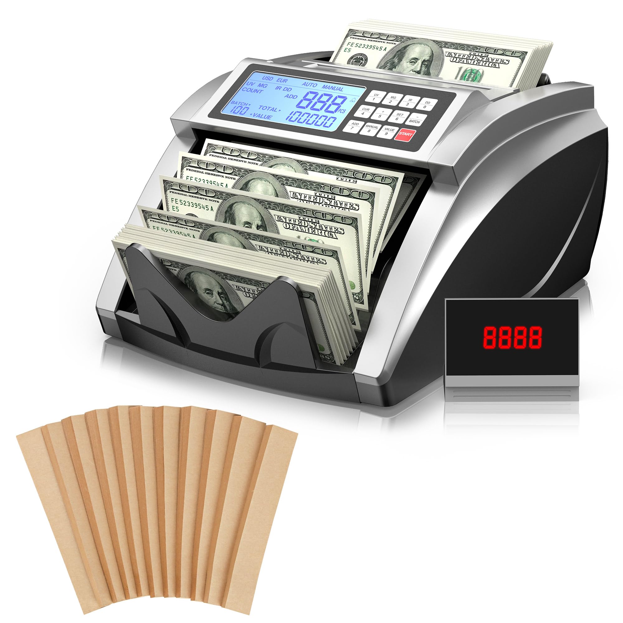 High-Speed Money Counter Machine with Bill Wrappers & Cash Organizer - Accurate Currency Counting for Banks, Retail Stores, and Small Businesses