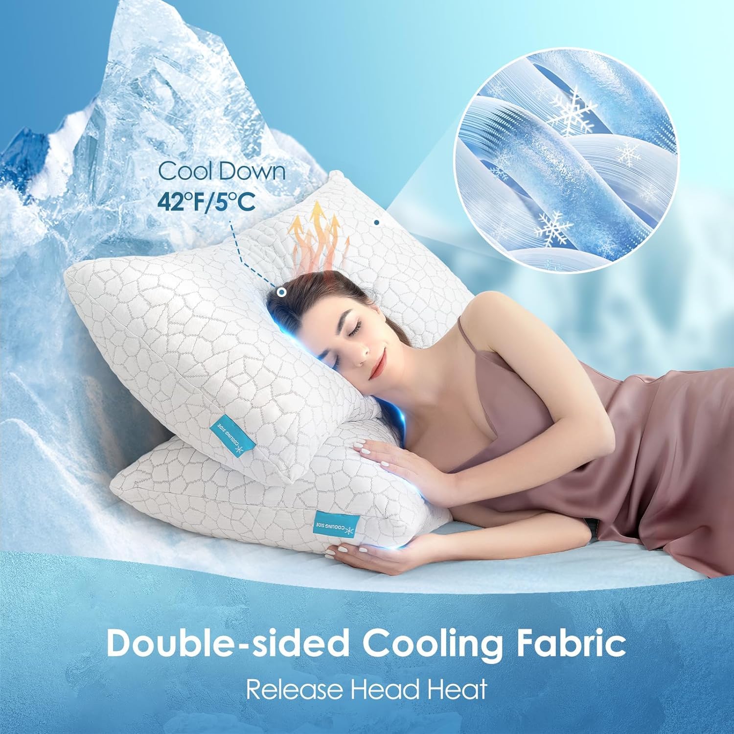 2 Pack Queen Size Cooling Shredded Memory Foam Pillows - Adjustable Loft for Back, Side & Stomach Sleepers | Breathable Bed Pillows for Hot Sleepers & Night Sweat Relief | Perfect for Summer, Hot Climates & Temperature Regulation