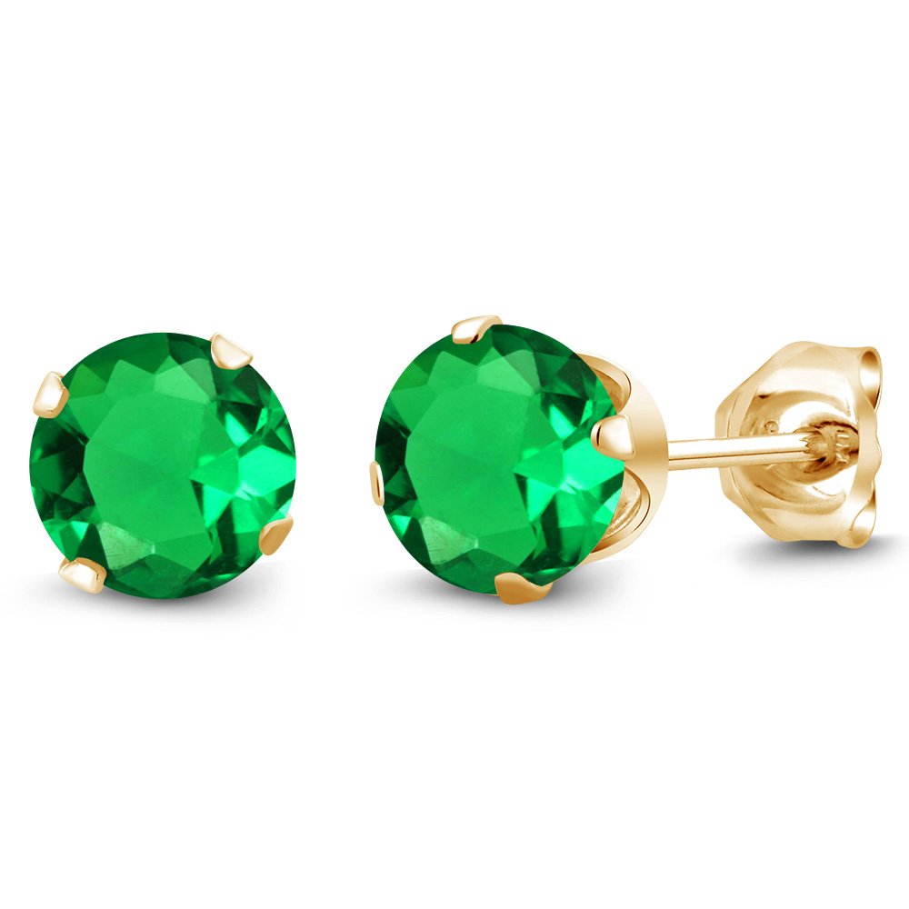 1.54 Ct Green Simulated Emerald Stud Earrings for Women & Men - 6mm 18K Yellow Gold Plated Silver - Gem Stone King | Elegant Jewelry for Parties, Weddings & Gifts