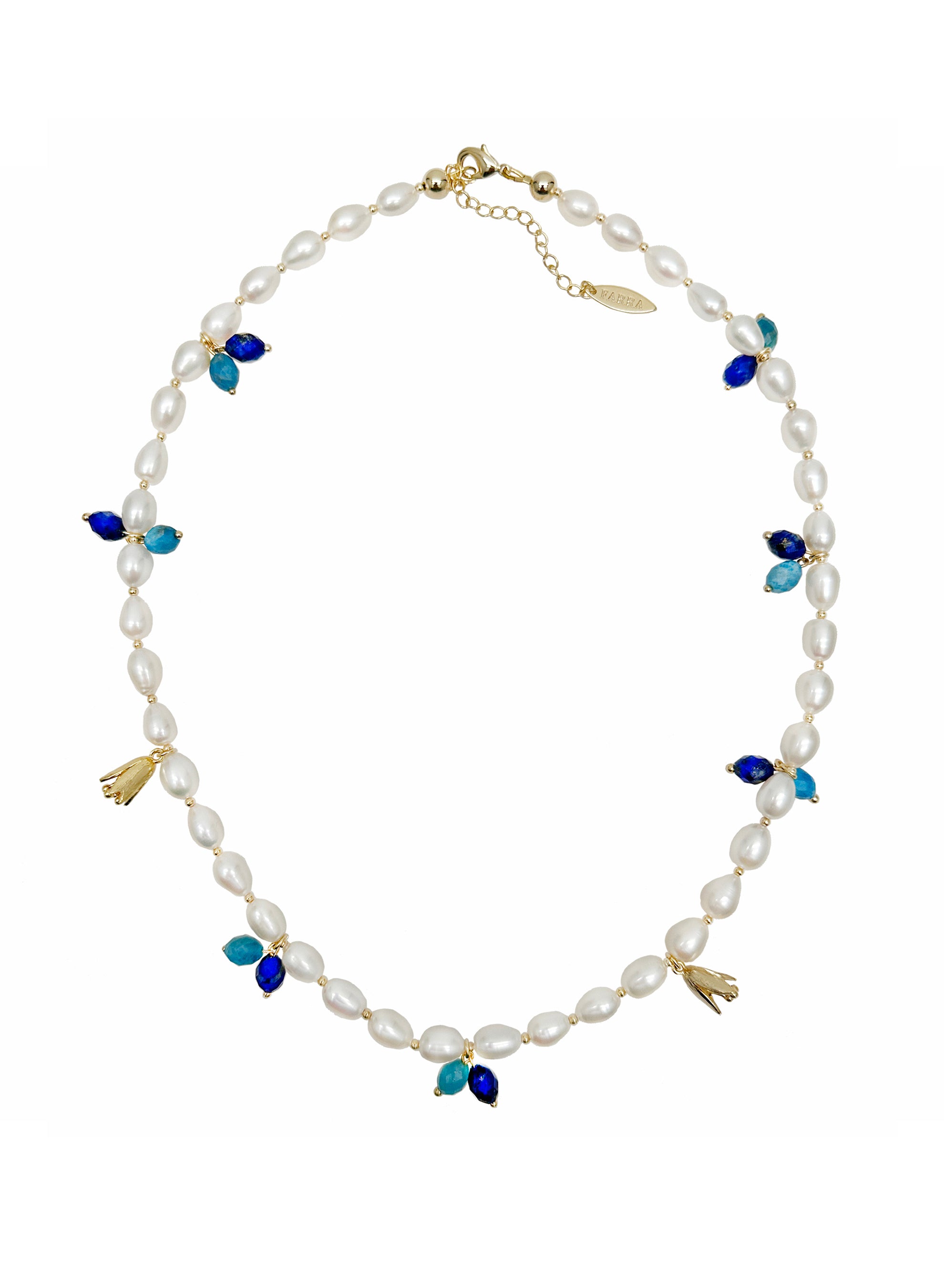 Elegant Freshwater Pearl Necklace with Blue Gemstone & Floral Charms - Perfect for Weddings, Parties & Special Occasions | LN029