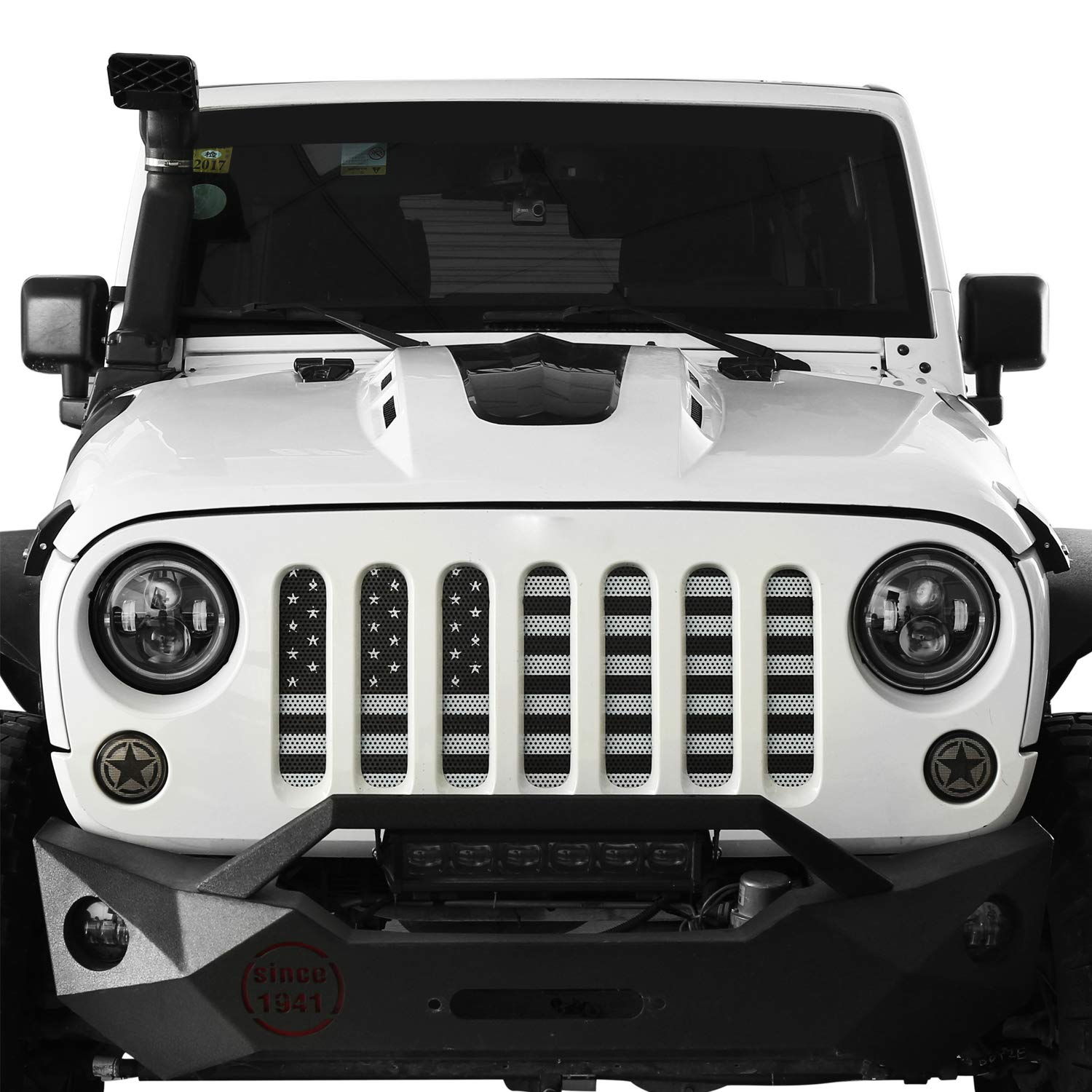Wrangler Grille Insert Flag Mesh Grill Overlay Bug Screen for Jeep Wrangler 2007-2018 JK & Unlimited - Black and White Rubicon Sahara Sport JKU | Durable Protection & Stylish Upgrade for Off-Road Adventures