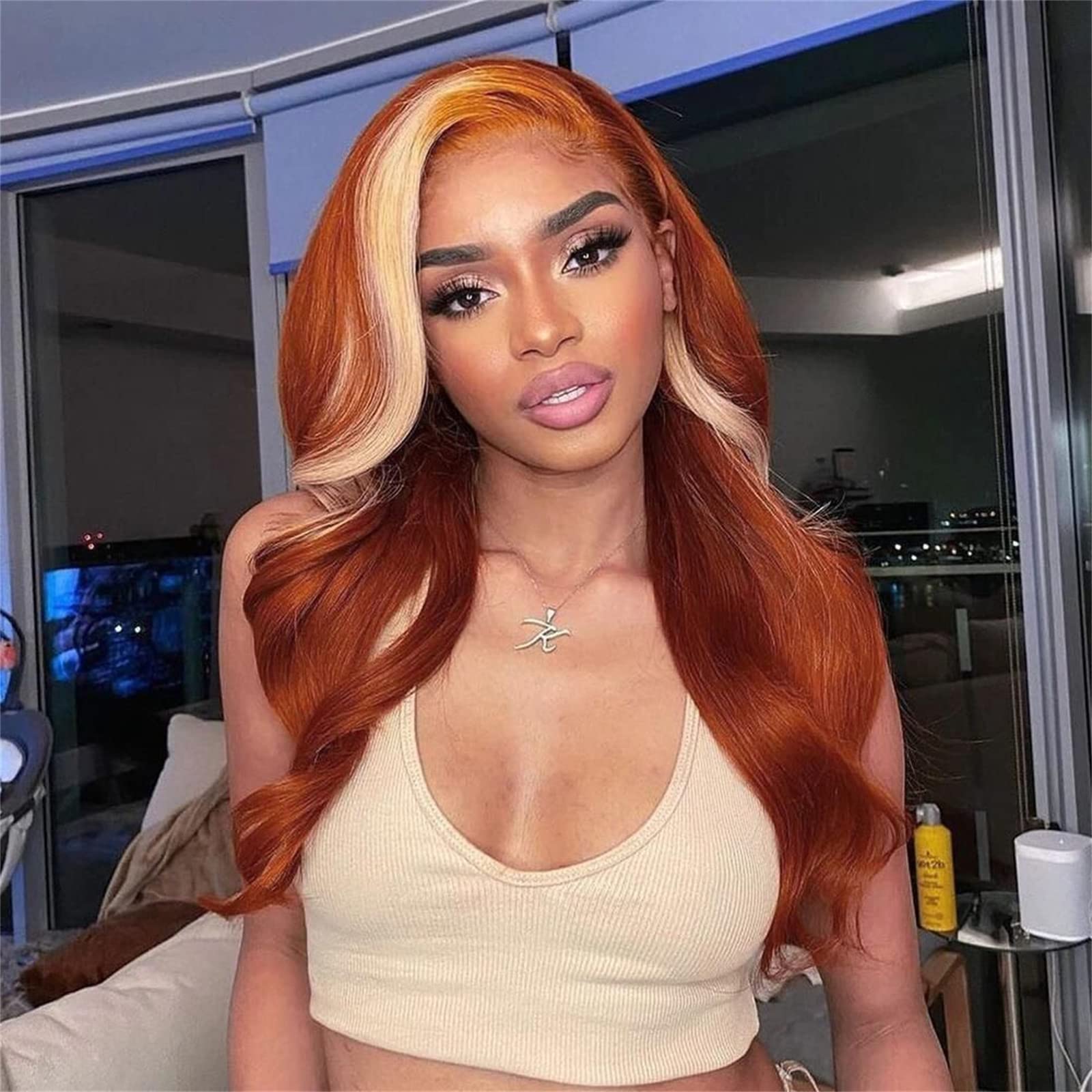 13x4 Lace Front Human Hair Wig - Ginger Orange with 613 Blonde Highlights | 20 Inch Body Wave Skunk Stripe Wig for Black Women | Perfect for Cosplay, Halloween, Parties & Daily Wear