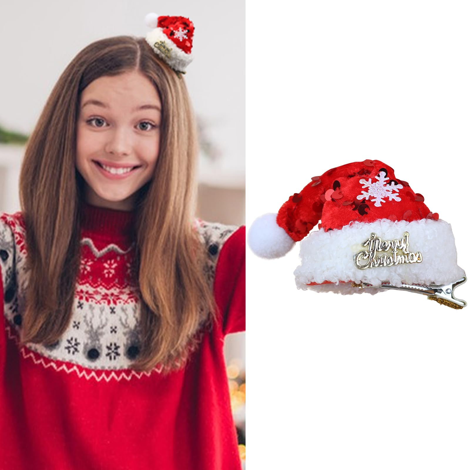 Festive Santa Hat Hair Clips with Snowflakes for Women & Girls - Christmas Party & Cosplay Accessories