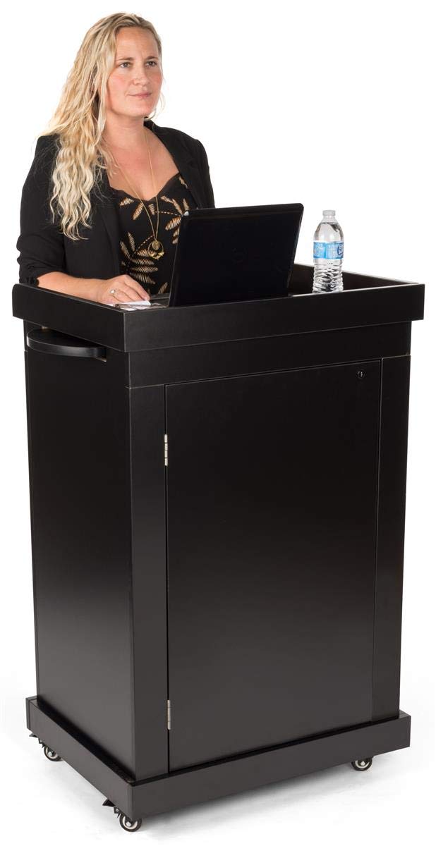 Displays2go Adjustable Rolling Podium with Shelf - Black Mobile Lectern for Presentations, Teaching & Public Speaking (OLILCTMMSBK) | Perfect for Classrooms, Conferences & Events