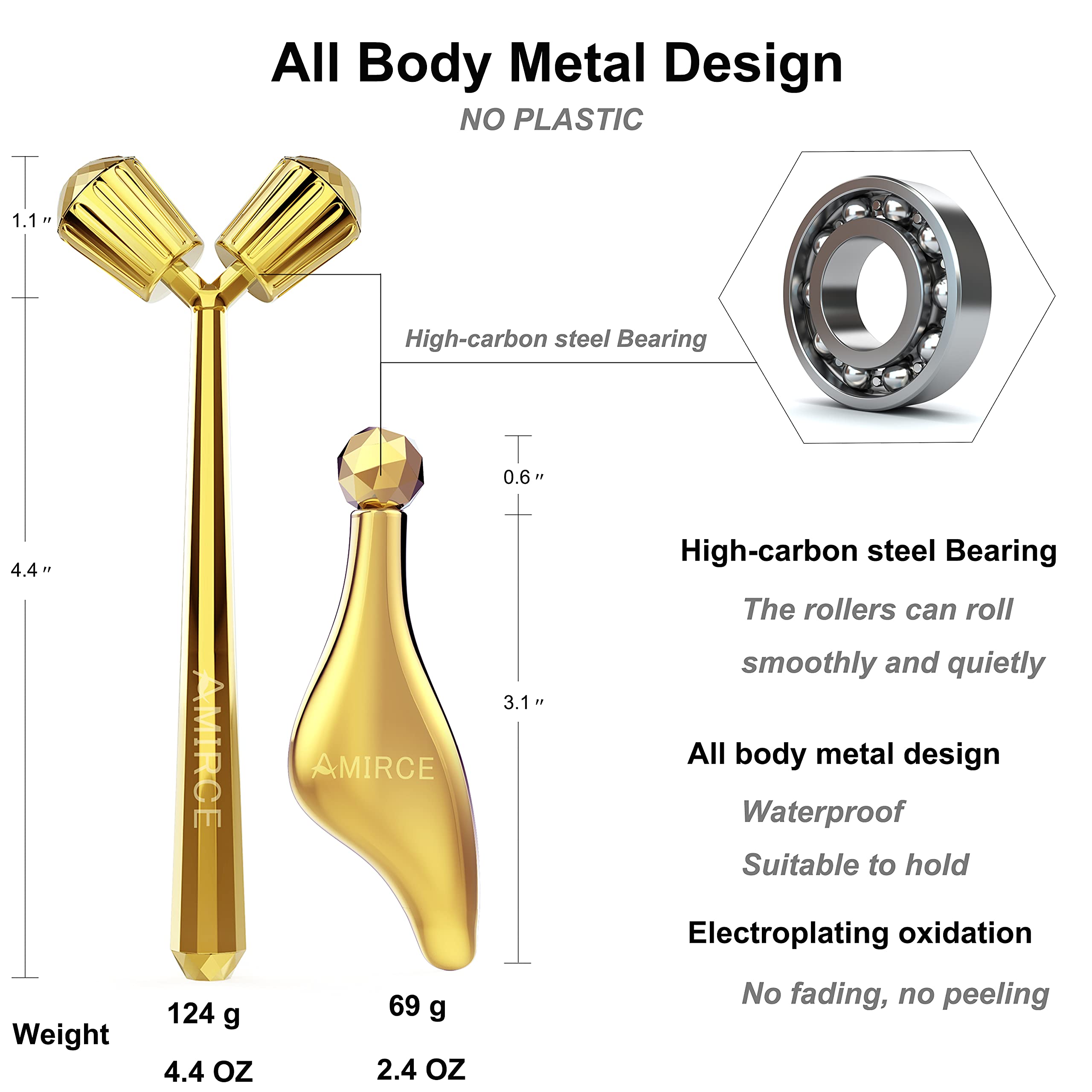 Amirce 3D Face Massager Roller & Gua Sha Tool Set for Women - Gold Facial Skin Care & Anti-Aging Massage Tools - Perfect for Home Spa, Relaxation & Skincare Routine
