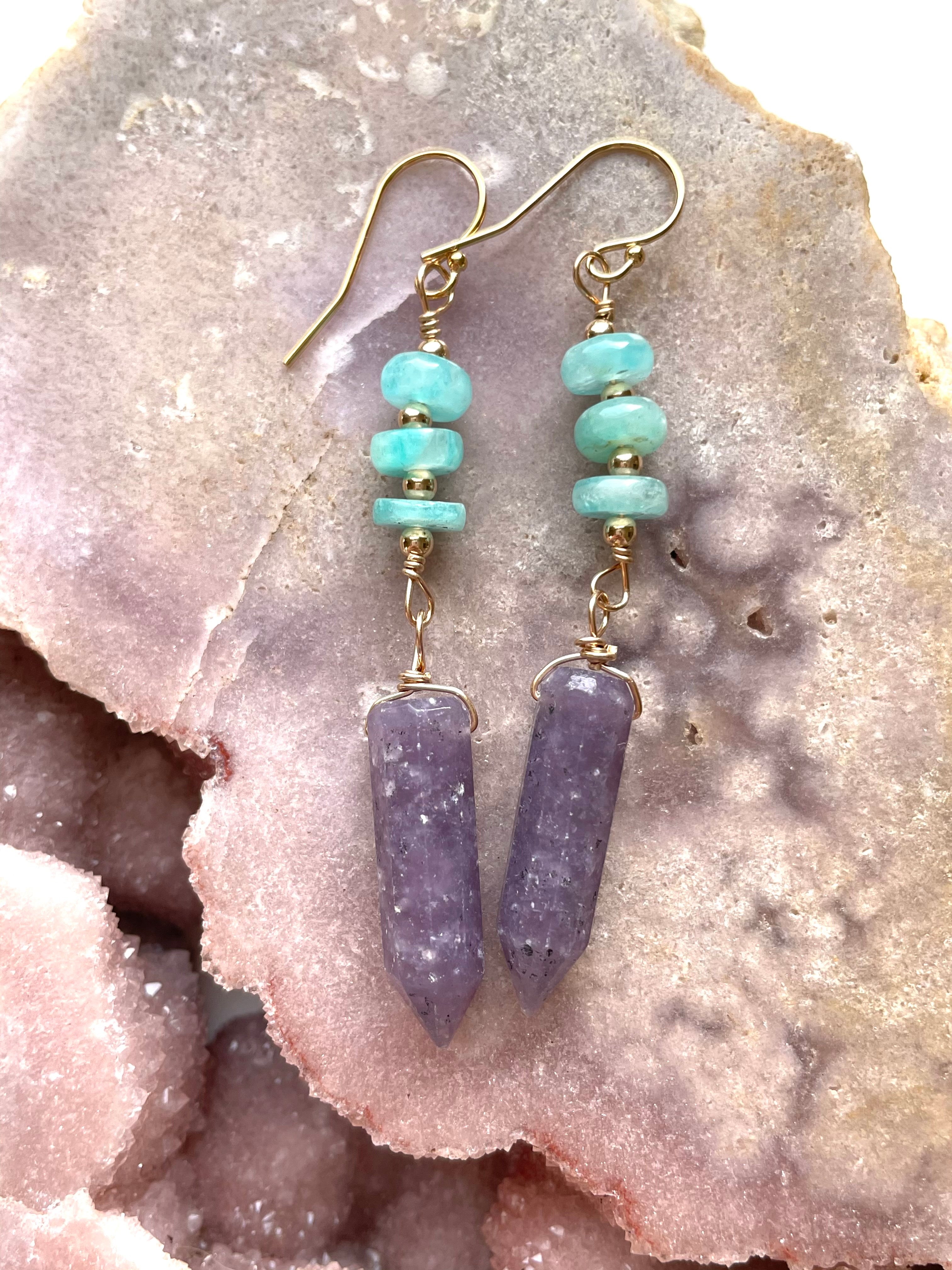 Amazonite & Lepidolite Crystal Earrings - Gold Filled Dainty Stud Earrings for Women | Healing Jewelry, Spiritual Gifts, Boho Fashion Accessories