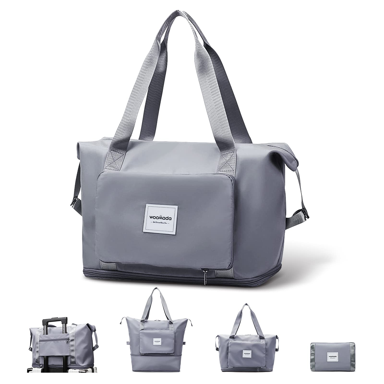 WOOMADA Foldable Travel Duffel Bag for Women - Expandable Weekender Tote with Wet Pocket & Trolley Sleeve | Lightweight Carry-On Gym Bag for Airplane, Workout & Weekend Getaways (Grey)