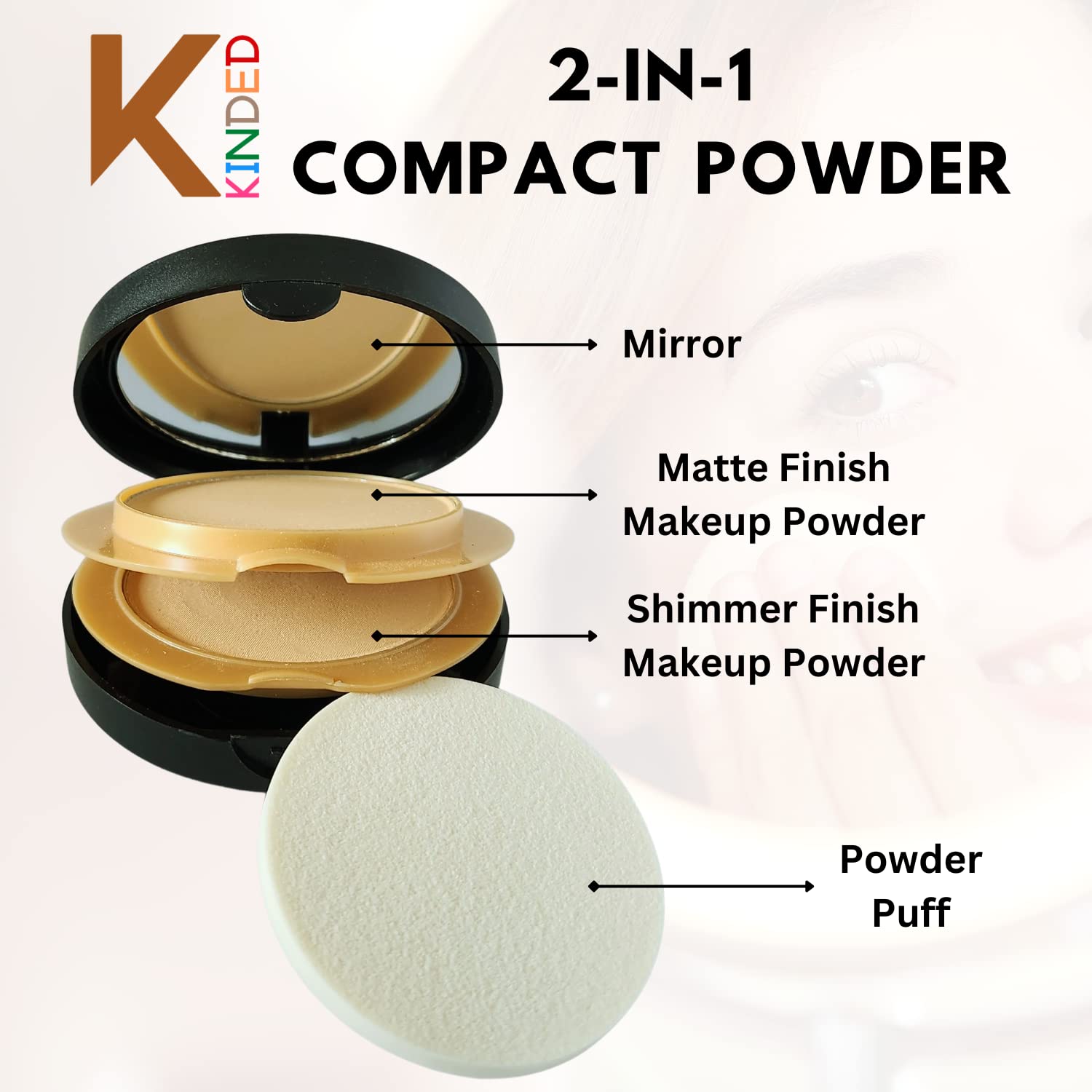KINDED Matte & Shine 2-in-1 Compact Powder with Vitamin E & SPF 18 - Oil Control, Long Lasting, Waterproof Face Makeup for High Coverage & Shimmer (01 Cream Ivory, 18g) | Perfect for Daily Wear, Special Occasions & Touch-Ups On-The-Go