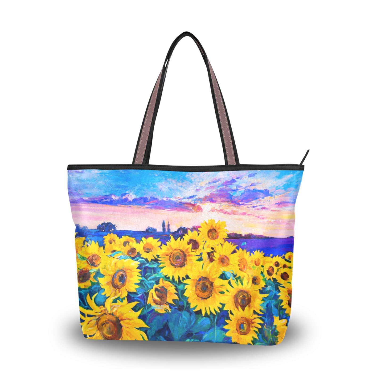 ALAZA Reusable Sunflower Painting Tote Bag for Women - Stylish Zippered Shoulder Handbag, Perfect for Beach, Travel & Shopping | Durable & Fashionable