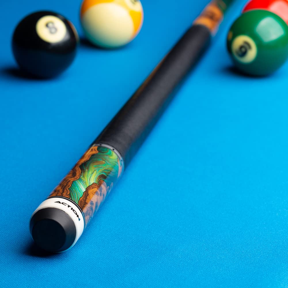 Premium Action Fractal Billiards Pool Cue Stick - Exotic Burl Wood with Green Foil Inlay | Professional Tournament & Home Game Accessory