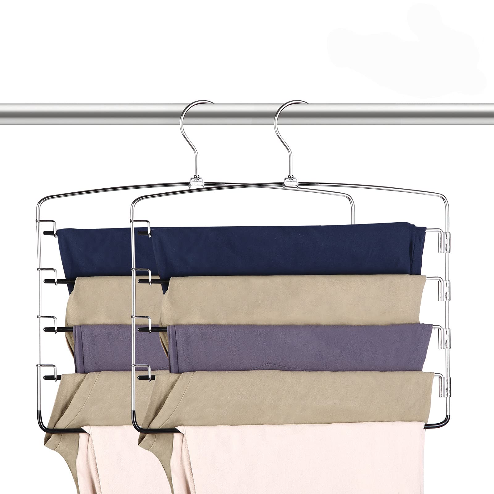 Niclogi 5-in-1 Space Saving Pants Hangers - 4 Pack Rubber Coated Non-Slip Closet Organizer for Jeans, Trousers, Scarves & More (Black) | Perfect for Small Closets, Travel & Home Organization