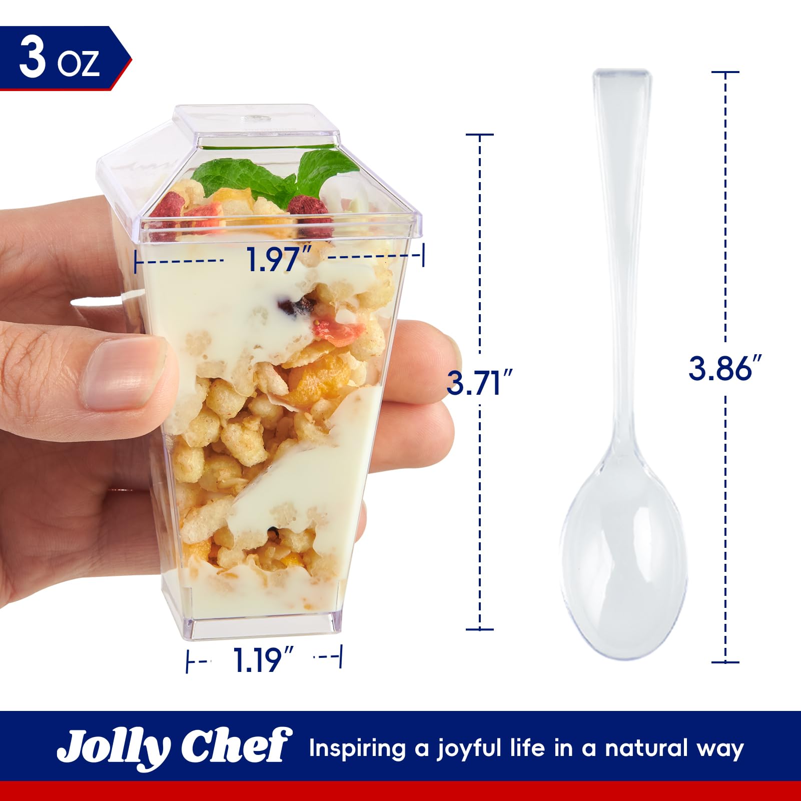 JOLLY CHEF 100 Pack 3 oz Mini Dessert Cups with Spoons & Lids - Clear Square Tall Plastic Parfait Appetizer Cups | Perfect for Party Desserts, Ice Cream, Yogurt, Salads & Snacks