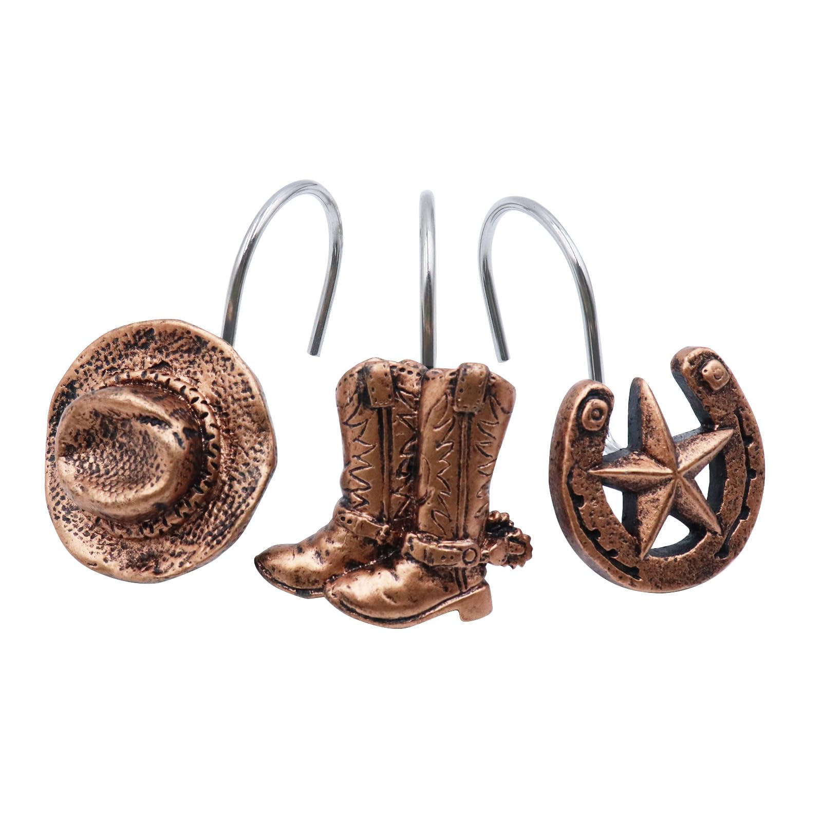 Western Cowboy Farmhouse Shower Curtain Hooks - 12 Pack Rustic Brown Bathroom Hangers for Vintage & Country Style Decor - Perfect for Ranch, Cabin, and Farmhouse Bathrooms