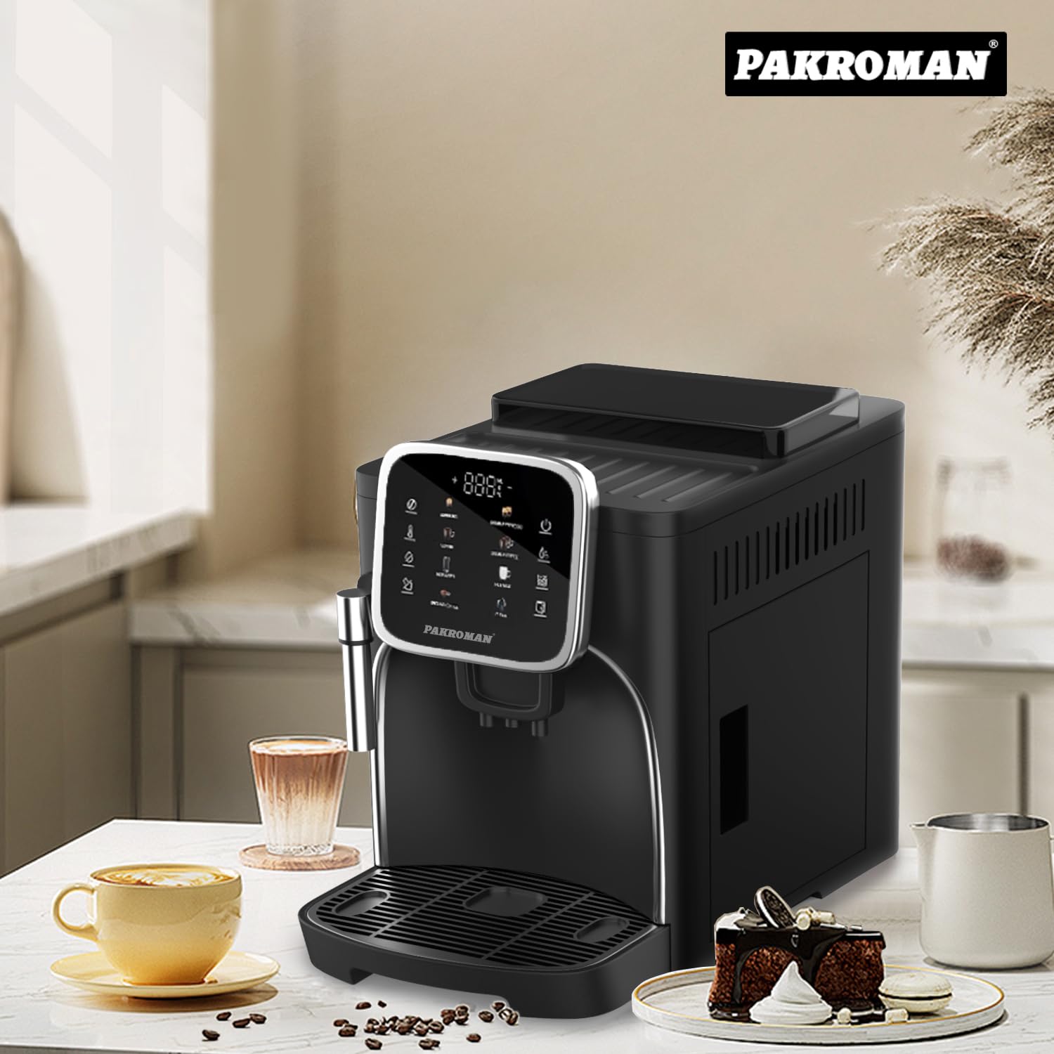 Fully Automatic Coffee Machine with 19 Bar Italian Pump, Classic Frother, 4 Coffee Options, Touch Display & Conical Burr Grinder - Perfect for Home, Office, or Cafe (Black)