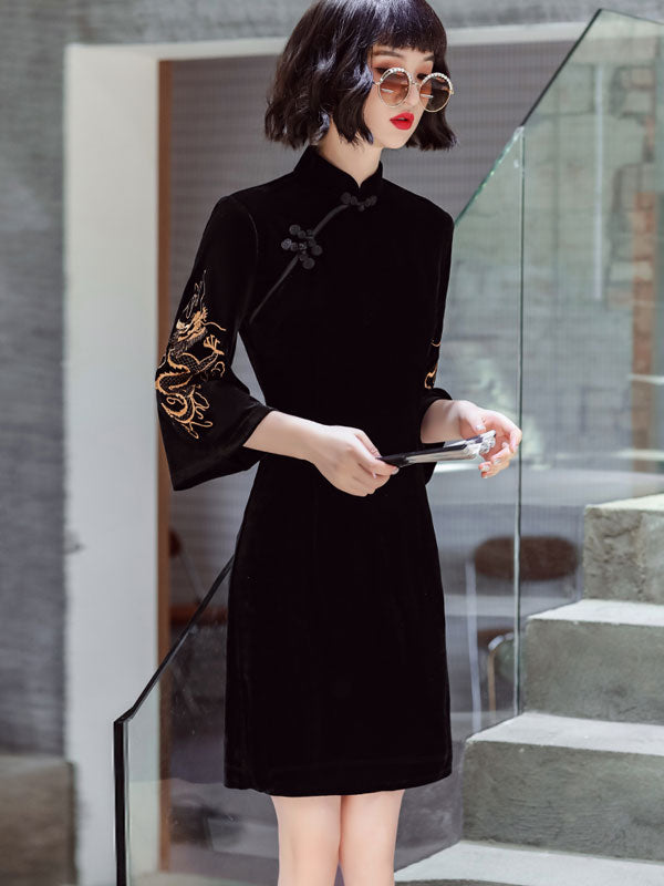 Elegant Black Embroidered Dragon Velvet Cheongsam Qi Pao Dress for Women - Traditional Chinese Qipao Evening Gown for Parties, Weddings & Special Occasions