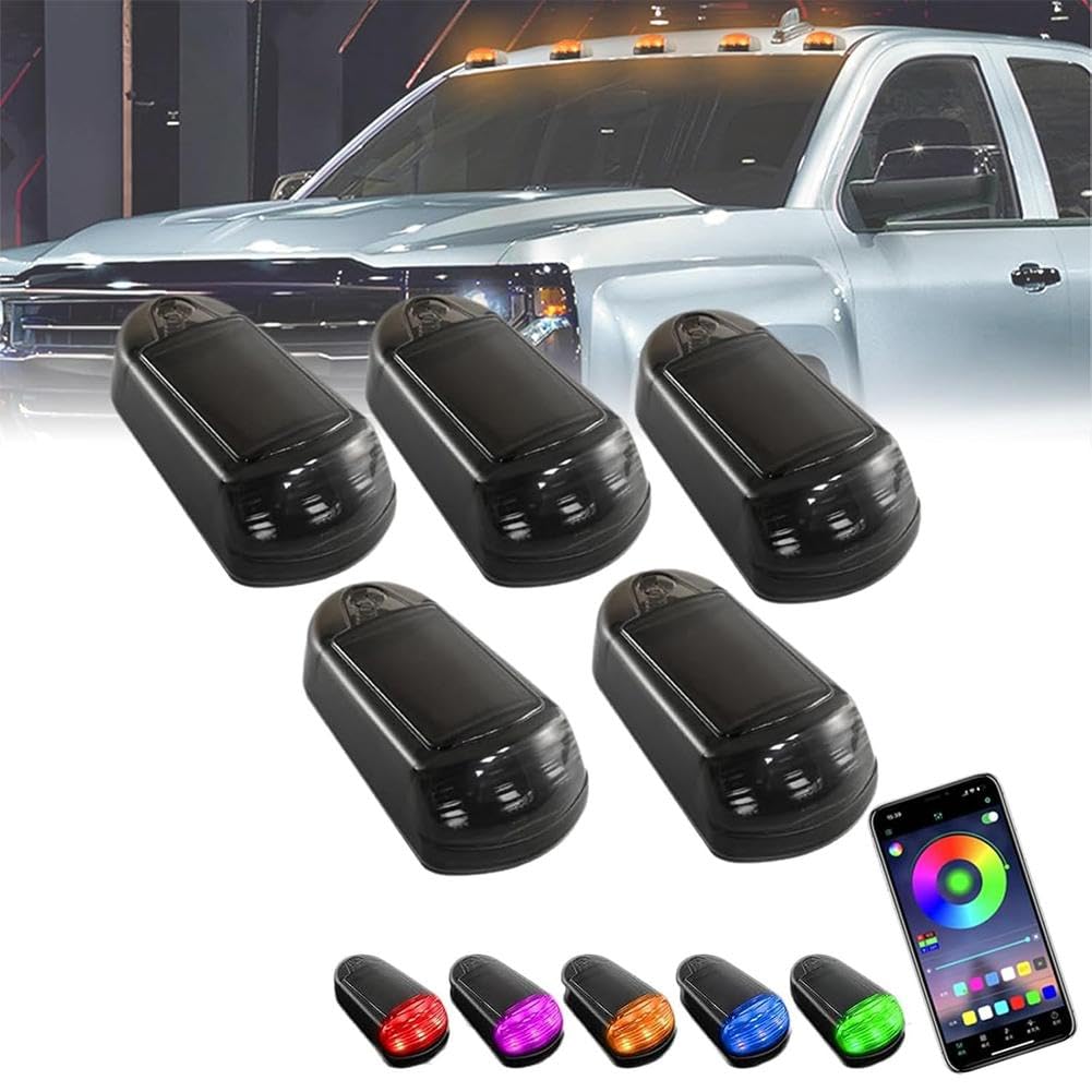 5Pcs Wireless Solar LED Cab Lights for Truck - 2024 New Punch-Free Roof Lights with 7 Colors & App Control - Universal Car Accessories for Off-Roading, Camping & Night Driving