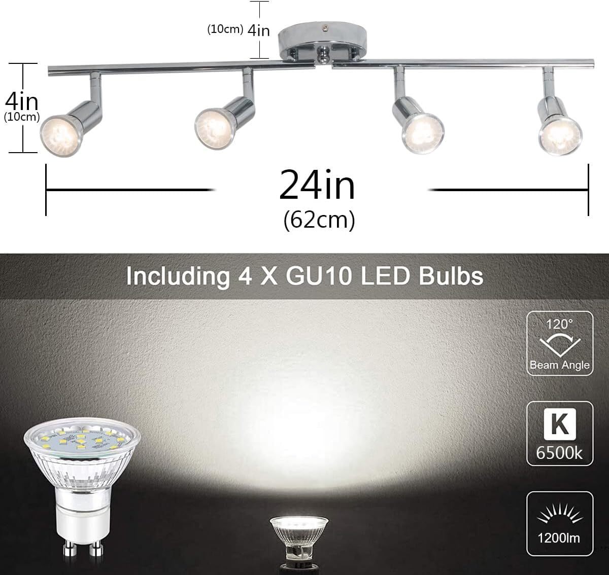 QCYUUI Modern 4-Light LED Track Lighting Kit - Adjustable Flush Mount Ceiling/Wall Spot Lights with Chrome Rotatable Heads - Includes 4×GU10 Bulbs - Perfect for Kitchen, Living Room, Dining Room & Retail Spaces