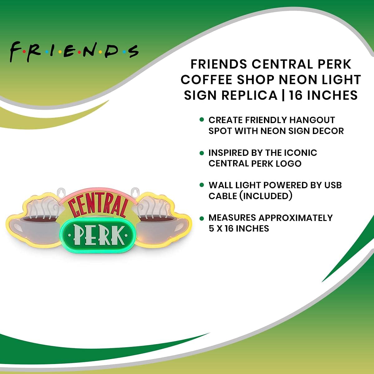 Ukonic Friends TV Show Central Perk Coffee Shop 16-Inch Neon Light Sign Replica - Official Licensed Home Decor Collectible - Hanging LED Wall Light for Living Room, Bedroom, Bar & Cafe Decor - Trendy Room Essentials for Fans & Gift Ideas