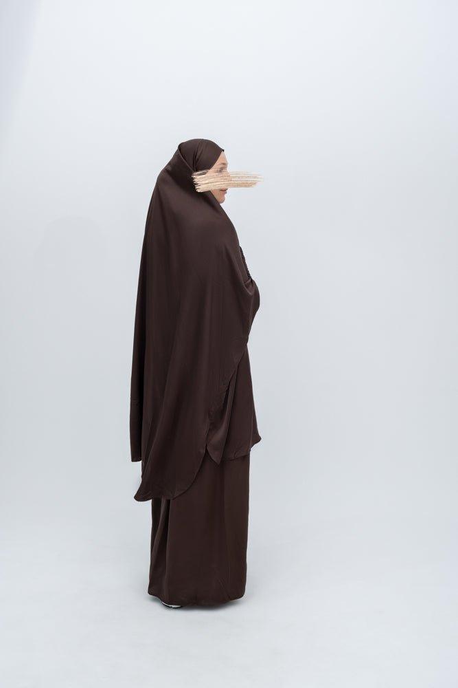 Luxury Dark Coffee Lisaa Women's Two-Piece Khimar Prayer Garment Hijab Dress - Perfect for Islamic Prayer, Mosque Visits, and Modest Fashion