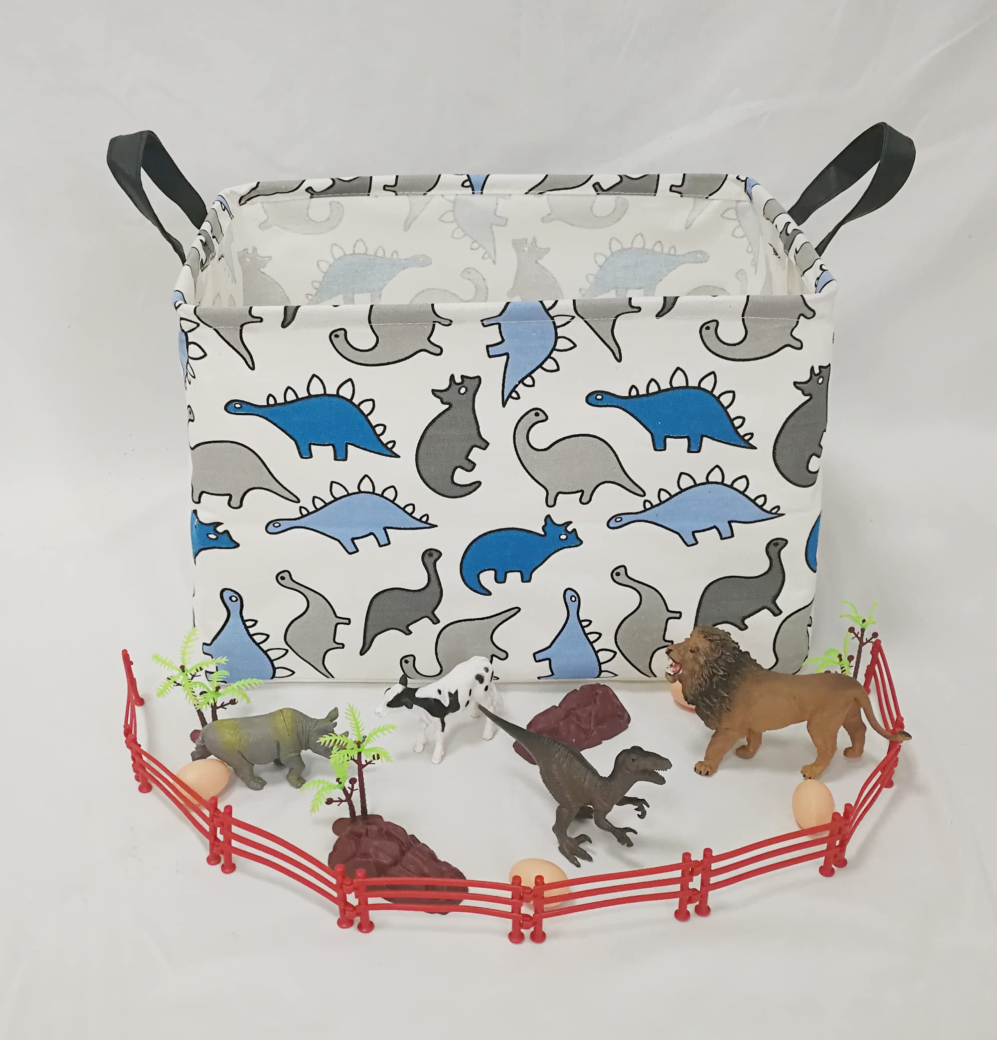 Waterproof Canvas Storage Bin with Handles - Rectangular Toy Box, Nursery Hamper & Organizer for Home & Office - Perfect for Clothes, Books & Toys (Blue Dinosaur Design) | Ideal for Kids' Rooms, Playrooms & Closet Organization