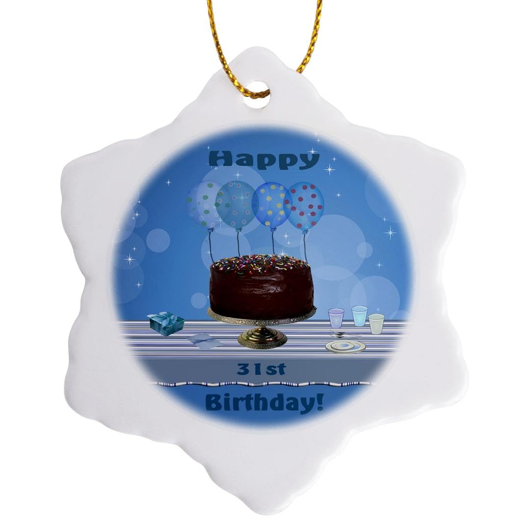 3D Rose 31st Birthday Party Porcelain Ornament - 3-Inch Snowflake Design with Chocolate Cake & Blue Balloons | Perfect for Christmas Tree Decorations, Gift Giving & Birthday Celebrations