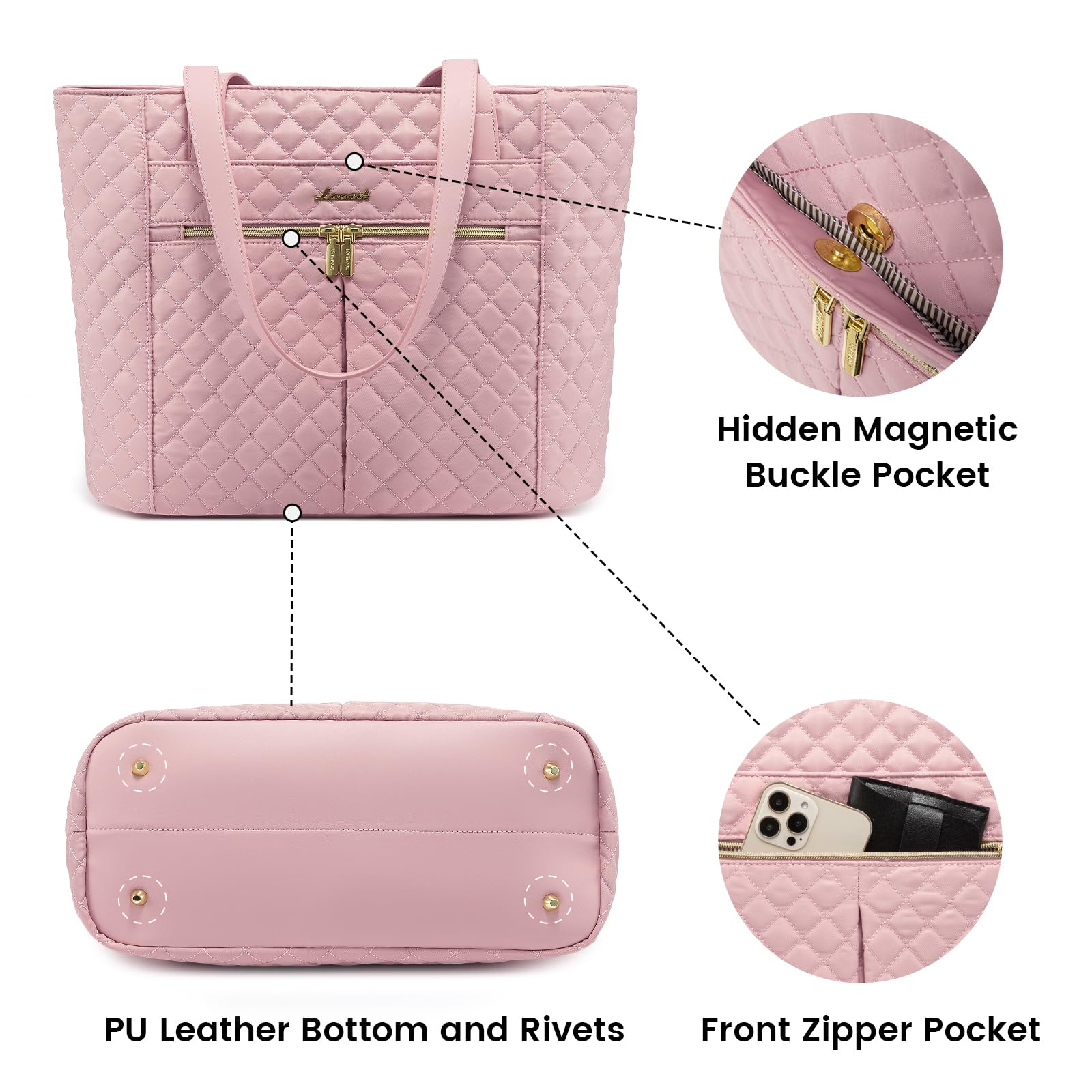 LOVEVOOK 17 Inch Diamond Quilted Laptop Tote Bag for Women - Stylish Work & Travel Computer Shoulder Bag, Briefcase Handbag with Clutch Purse (Pink) - Perfect for Office, Business Meetings & Daily Commute