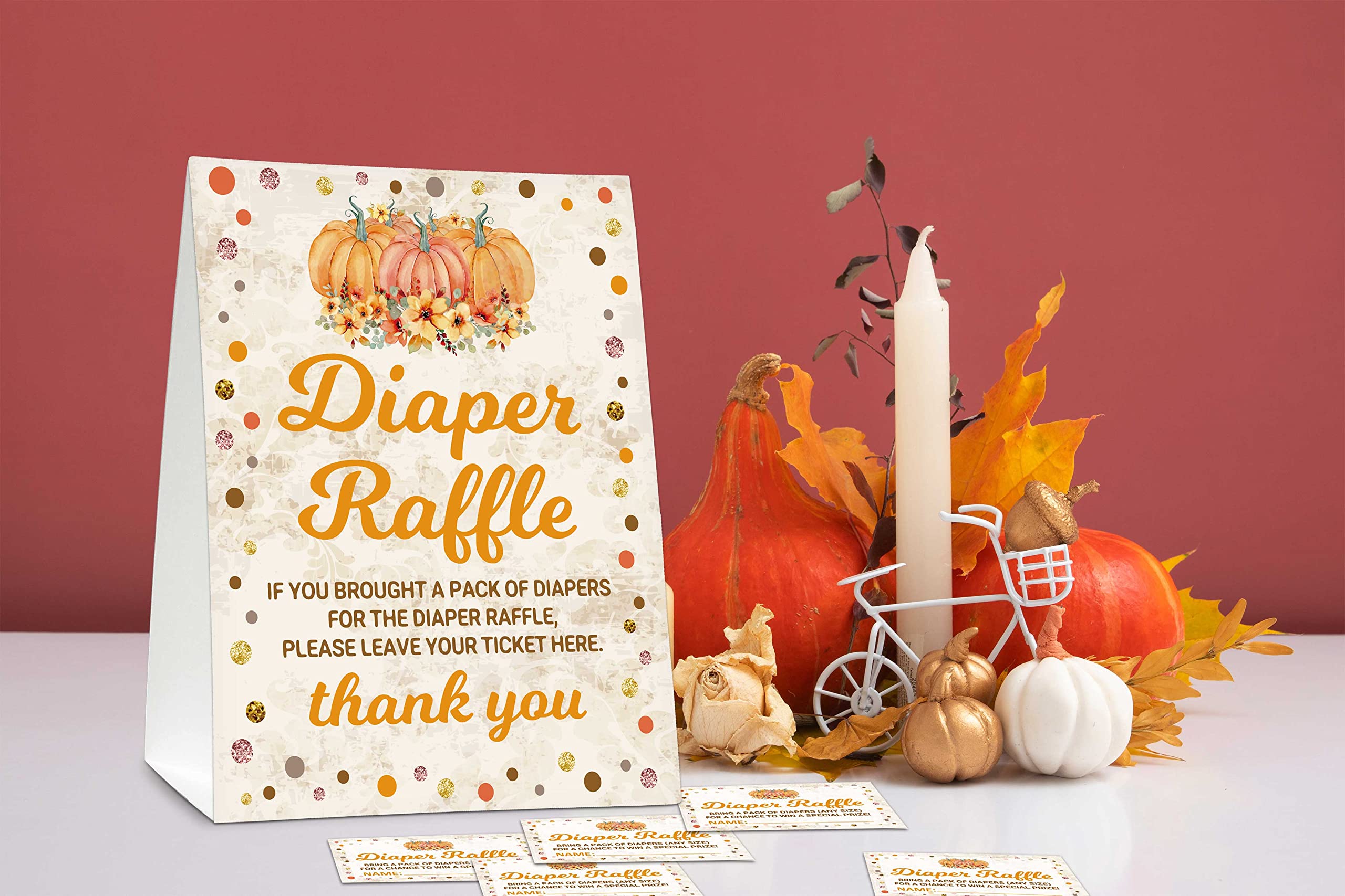 Thanksgiving Diaper Raffle Sign - Rustic Fall Baby Shower Game with Little Pumpkin Diaper Raffle Tickets - Autumn Baby Shower Decorations for Boys & Girls (1 Sign + 50 Guessing Cards) - Perfect for Thanksgiving Baby Showers and Fall-Themed Celebrations