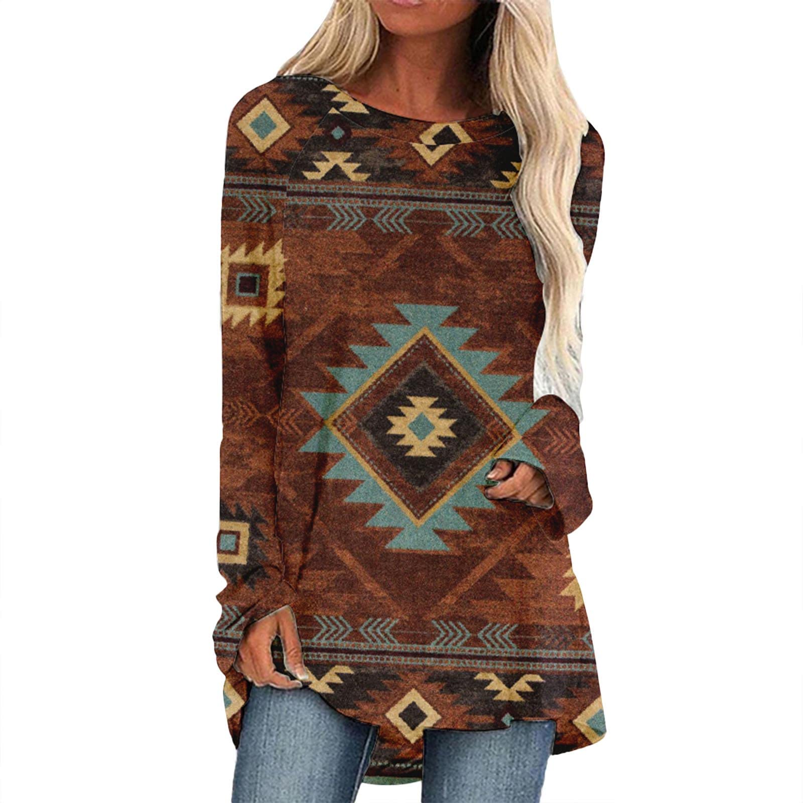 Women's Floral Print Long Sleeve Crew Neck Tunic Tops - Loose Casual Blouses & Pullover Shirts for Everyday Wear, Work & Weekend Outfits