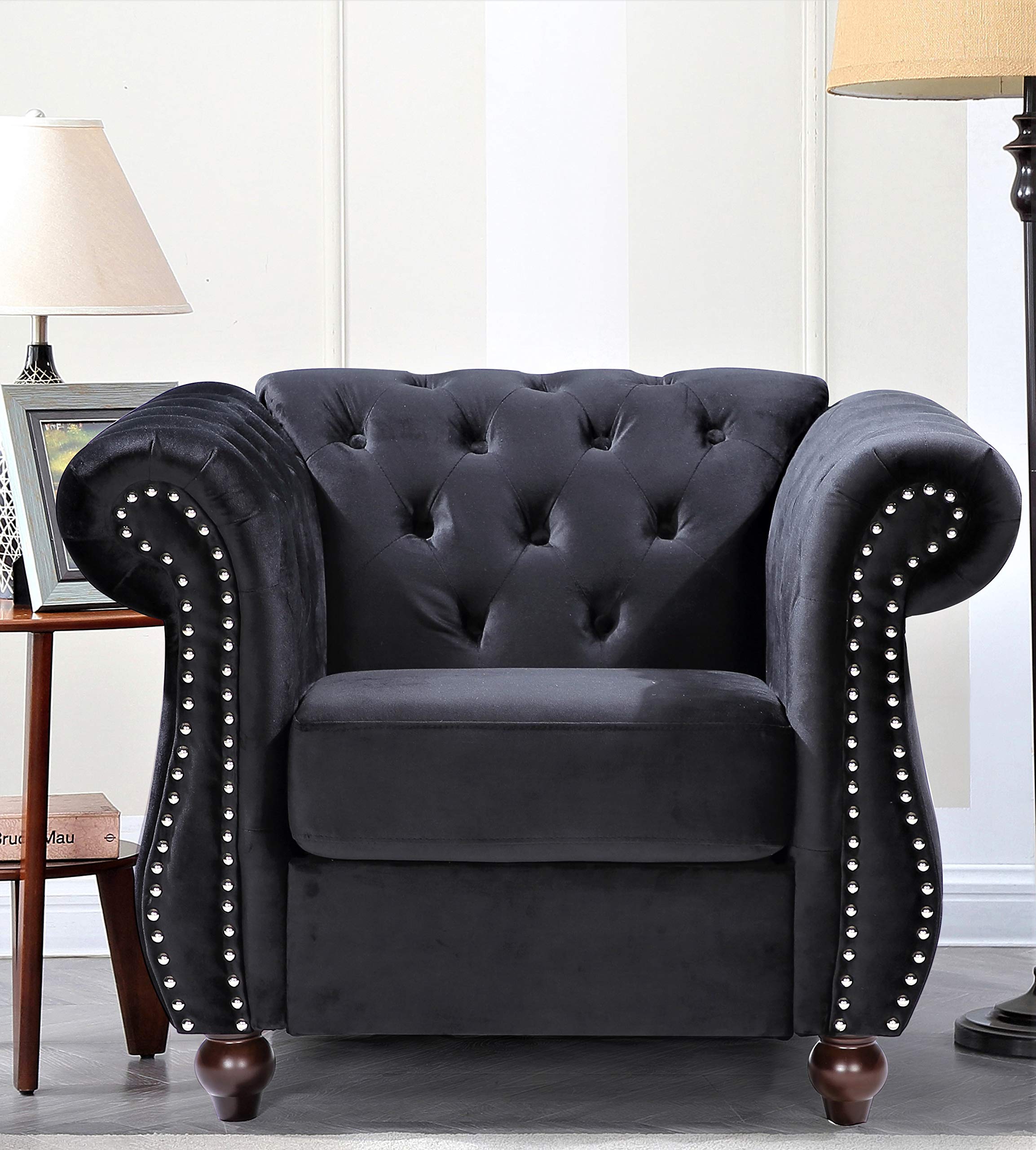 Modern Velvet Chesterfield Sofa Set - Tufted Living Room Couch with Nailhead Trim & Sturdy Metal Frame (Black) | Elegant Chair, Loveseat & Sofa for Home Office, Lounge & Formal Living Spaces