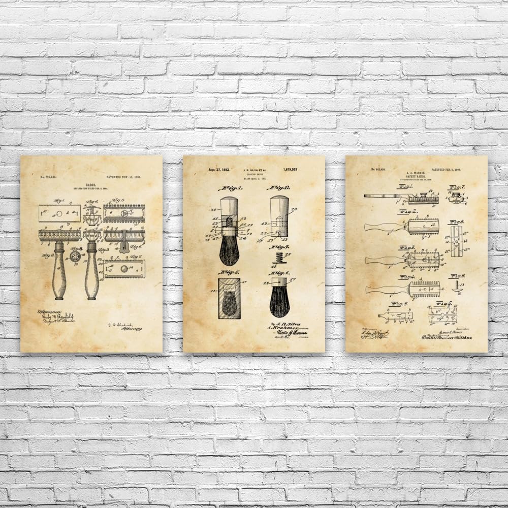 Vintage Shaving Razor Posters Set of 3 - 16x20 Inch Barber Shop Wall Art, Bathroom Decor & Unique Gifts for Men | Perfect for Barber Shops, Man Caves & Retro Home Decor