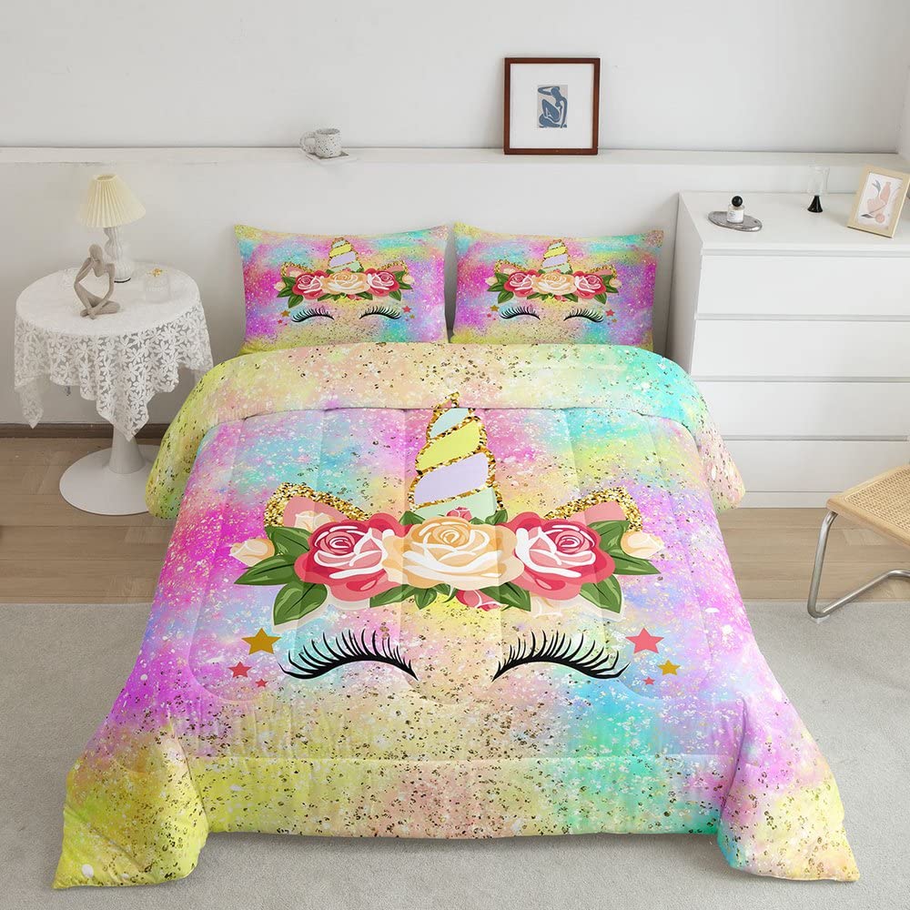 Unicorn Comforter Set Twin Size - Cute Cartoon Unicorn, Flowers & Gold Glitter Print Bedding with Pillowcase - Rainbow Galaxy Tie Dye Quilt for Girls' Room | Perfect for Kids' Bedroom Decor & Sleepovers