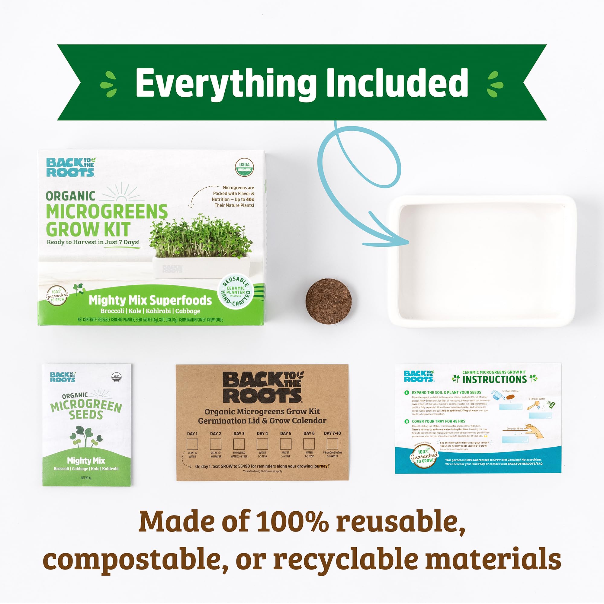 Organic Microgreens Grow Kit with Ceramic Planter - Expandable Soil, Non-GMO Seeds & Germination Lid | Indoor Gardening Starter Kit for Homegrown Salad Greens, Smoothies & Healthy Snacks