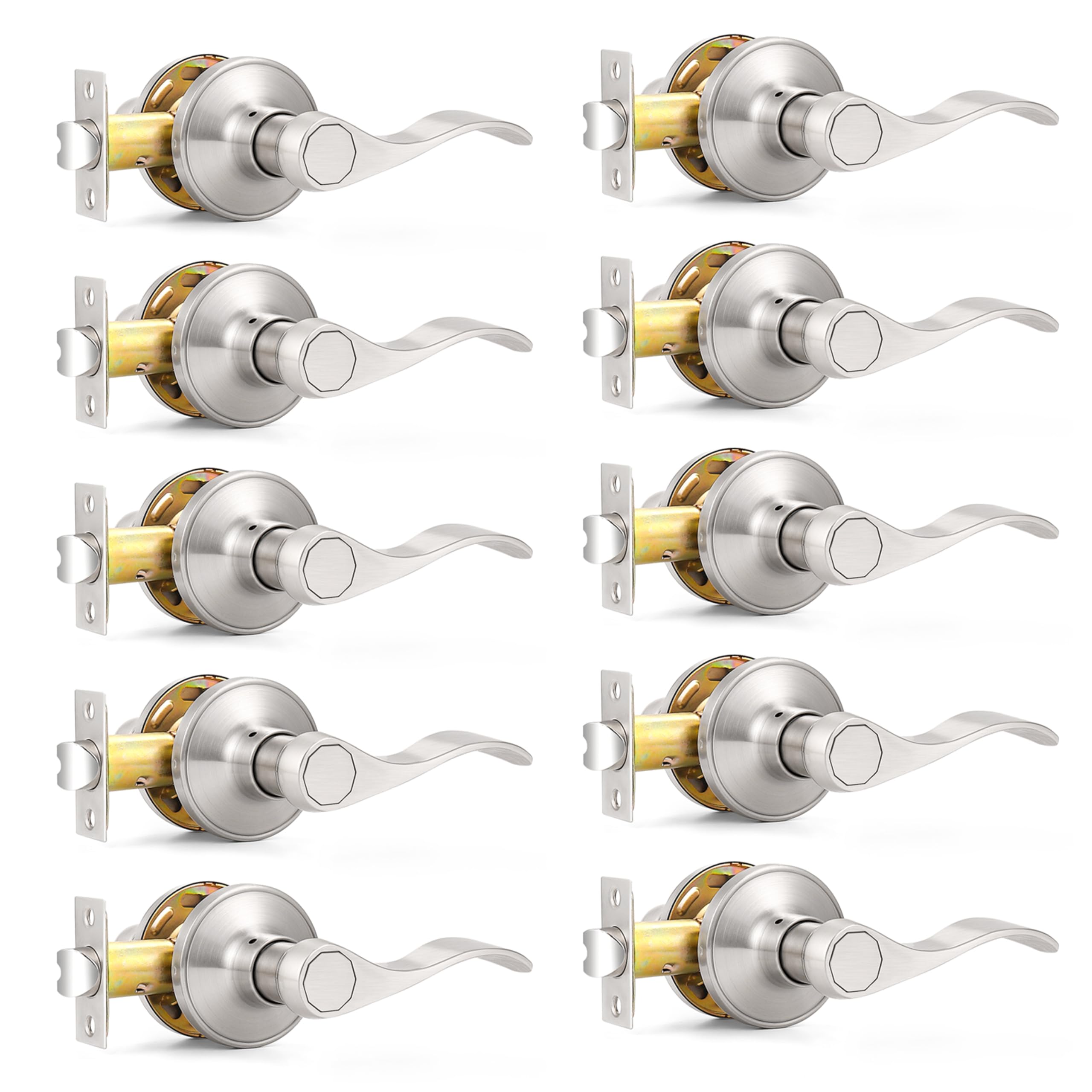 Probrico 10-Pack Wave Style Interior Door Levers - Satin Nickel Finish, Keyless Entry Passage Door Handles for Hall, Closet & Bedroom (Easy Installation, Modern Home Upgrade)