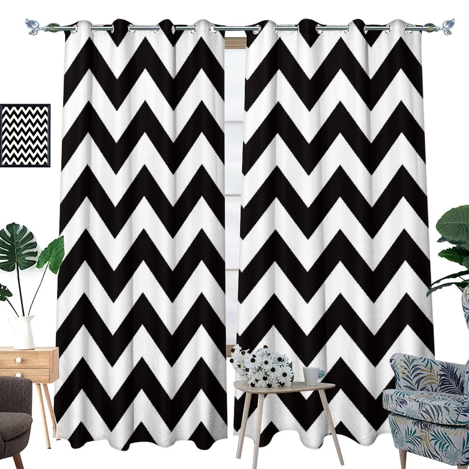 Black & White Chevron Blackout Curtains - Thermal Insulated Room Darkening Grommet Panels for Bedroom & Living Room (2 Panels, 63