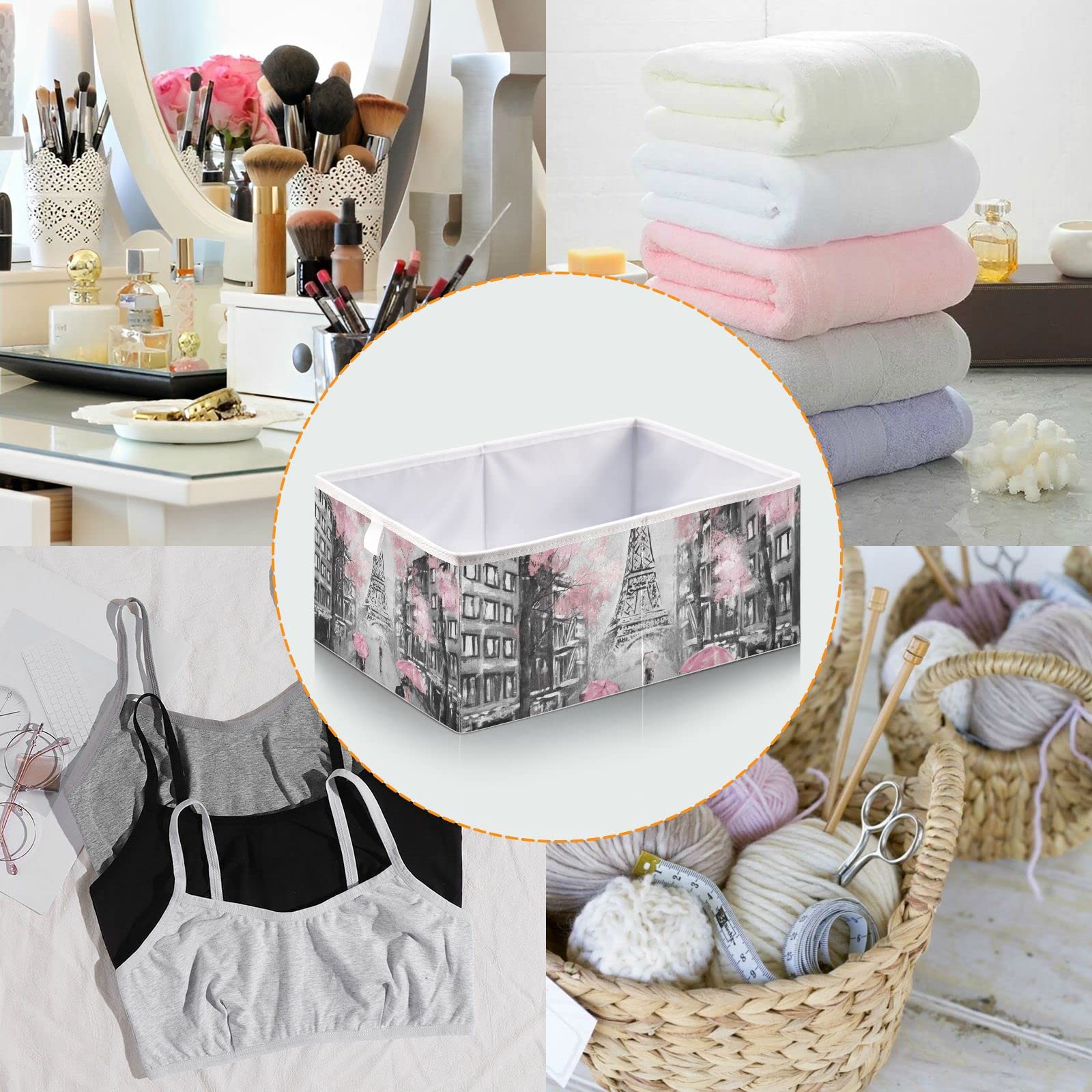 Foldable Pink Paris Tower Storage Basket - 15.8 x 10.6 x 7 Inch Cube Organizer Bin for Home Decor, Toys, Books, Shelves, Closet & Laundry | Perfect for Nursery, Bedroom & Office Organization