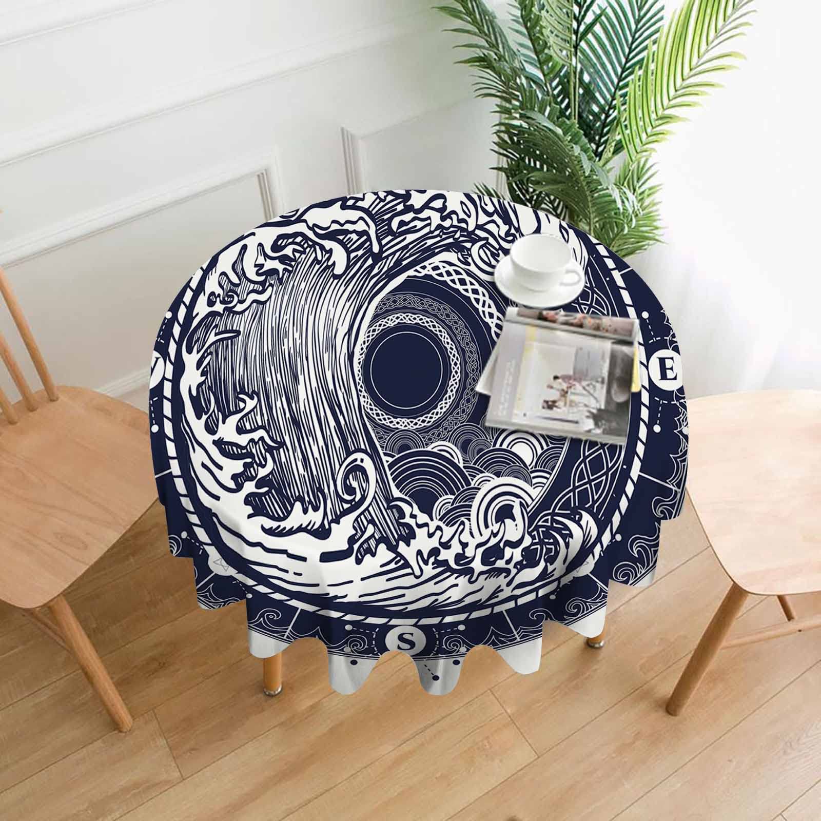 **AOYEGO 60 Inch Round Tablecloth - Ocean Wave Rose Compass Adventure Design, Stain & Wrinkle Resistant, Washable Polyester for Dining Table, Buffet, Parties & Nautical-Themed Events**
