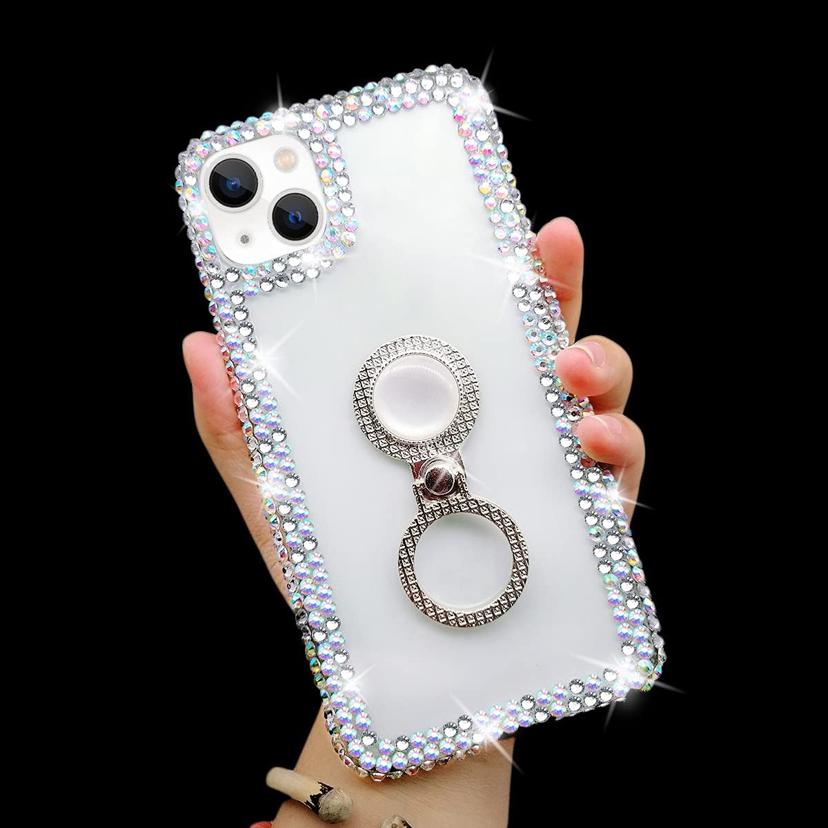 Premium iPhone 14 Plus Case with Finger Ring Stand - Luxury Shiny Clear Protective Cover | Perfect for Hands-Free Viewing, Gaming & Everyday Protection