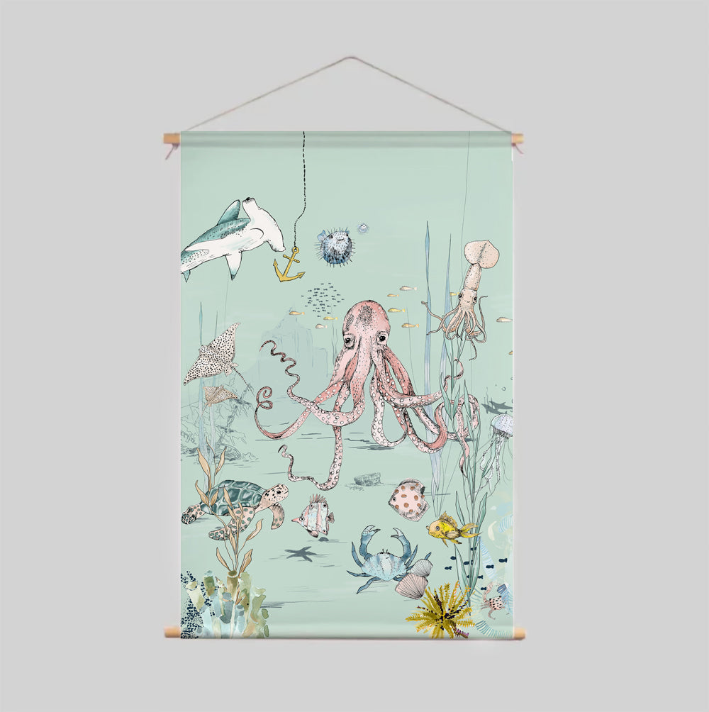 Underwater Wonders Textile Poster - Mint Green Ocean Theme Wall Art for Home & Office Decor | Perfect for Living Room, Bedroom, or Beach House