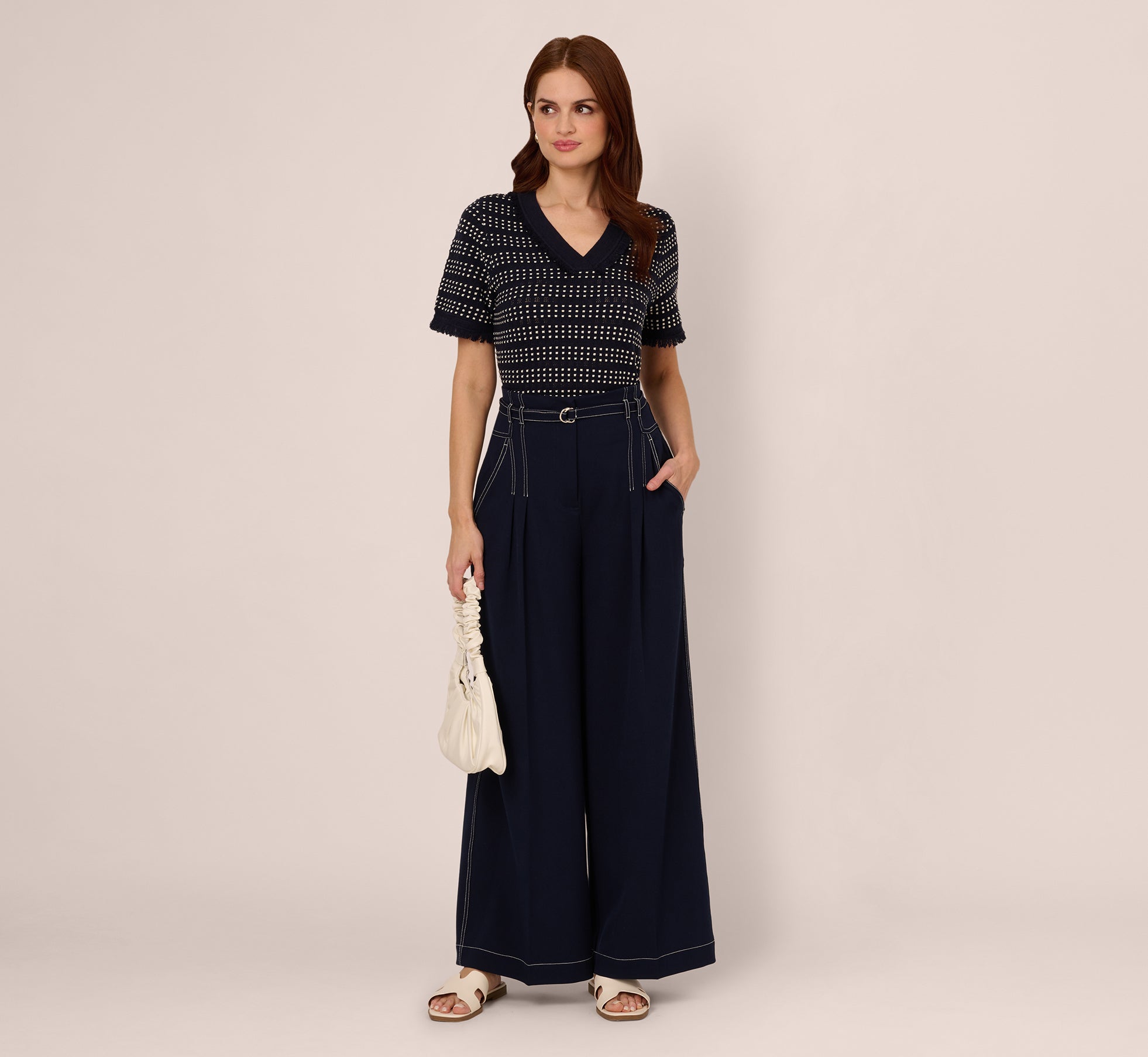 Topstitch Wide Leg Paperbag Pants with Belt - Navy & Ivory | High Waist Casual Trousers for Women | Perfect for Office, Travel & Everyday Wear