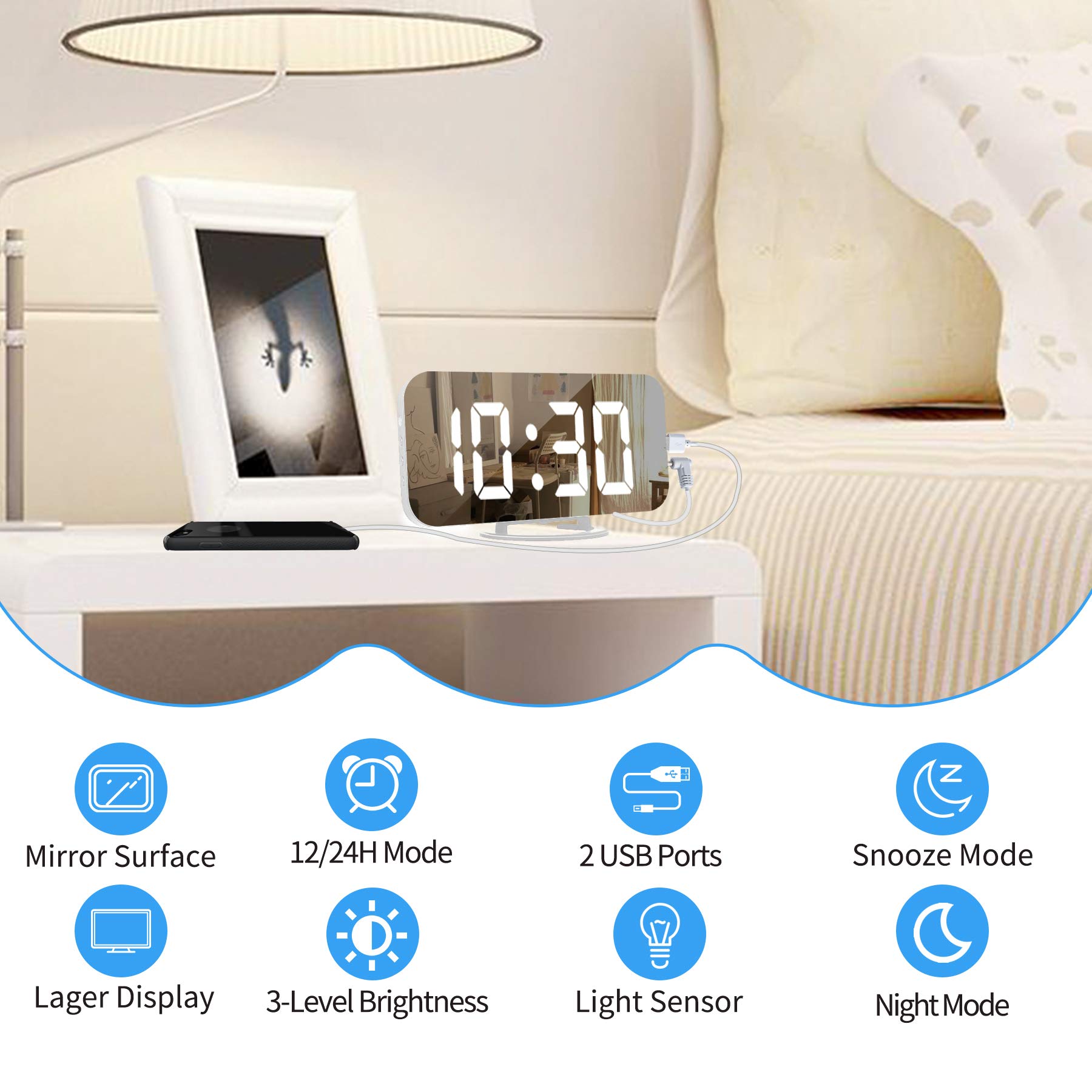 MOOGEE Digital Alarm Clock with Mirror & LED Display, 6.5