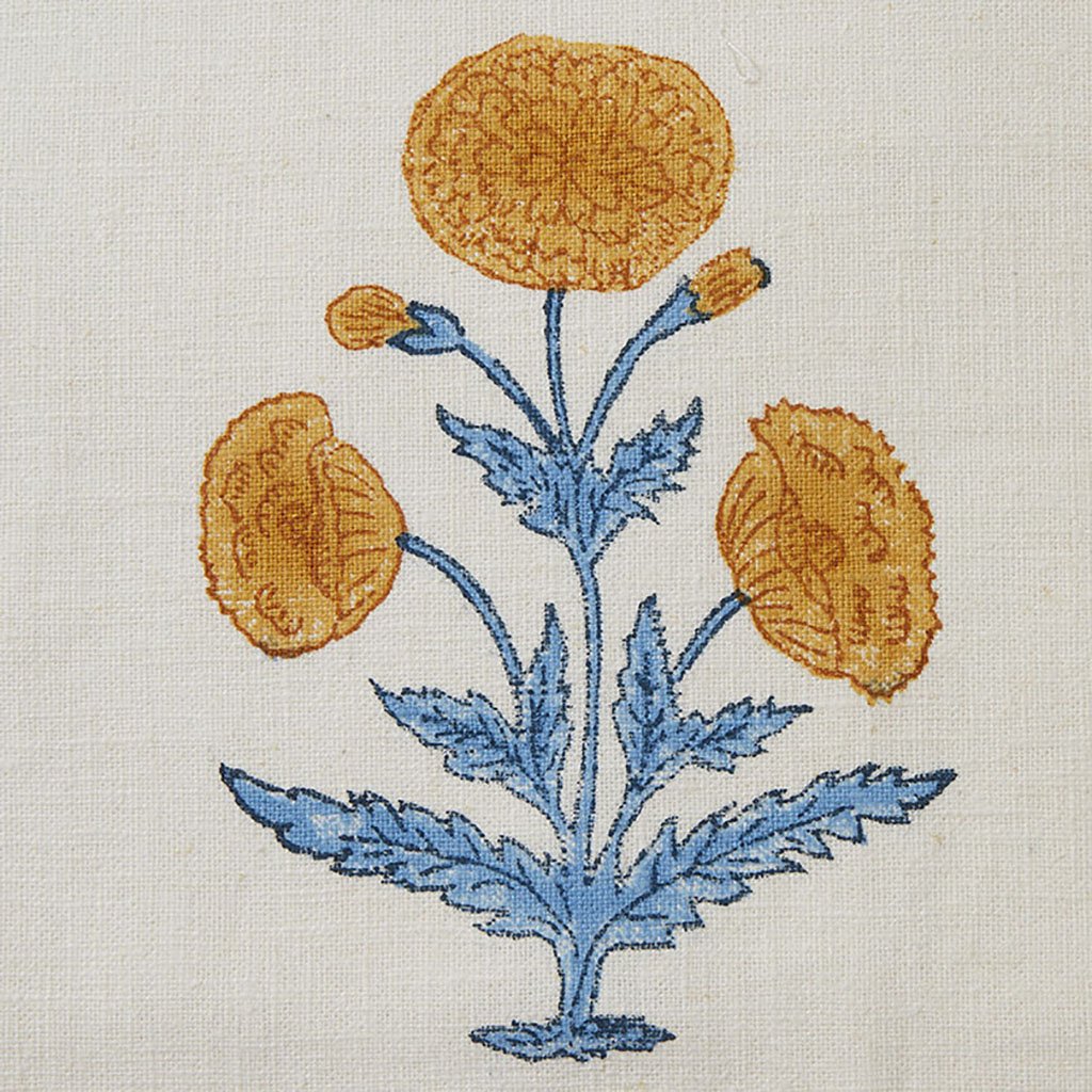Handmade Poppy Block Printed Linen Fabric - Mustard & Sky Blue - Perfect for Boho Home Decor, DIY Crafts & Fashion Sewing Projects