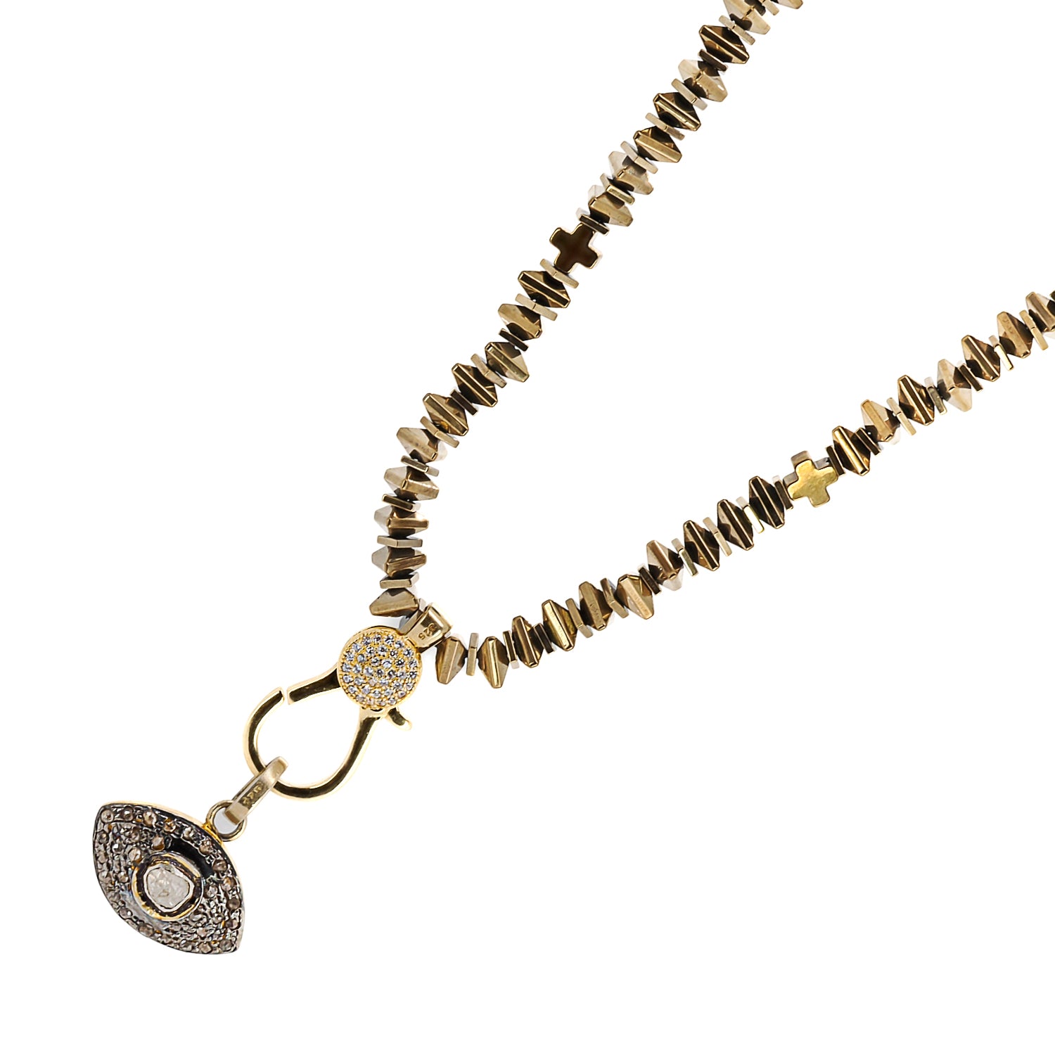 Pave Diamond Evil Eye Pendant Necklace - 14K Gold Plated Hematite Stone Beaded Chain for Protection & Good Luck | Perfect for Gifts, Spiritual Jewelry & Everyday Wear