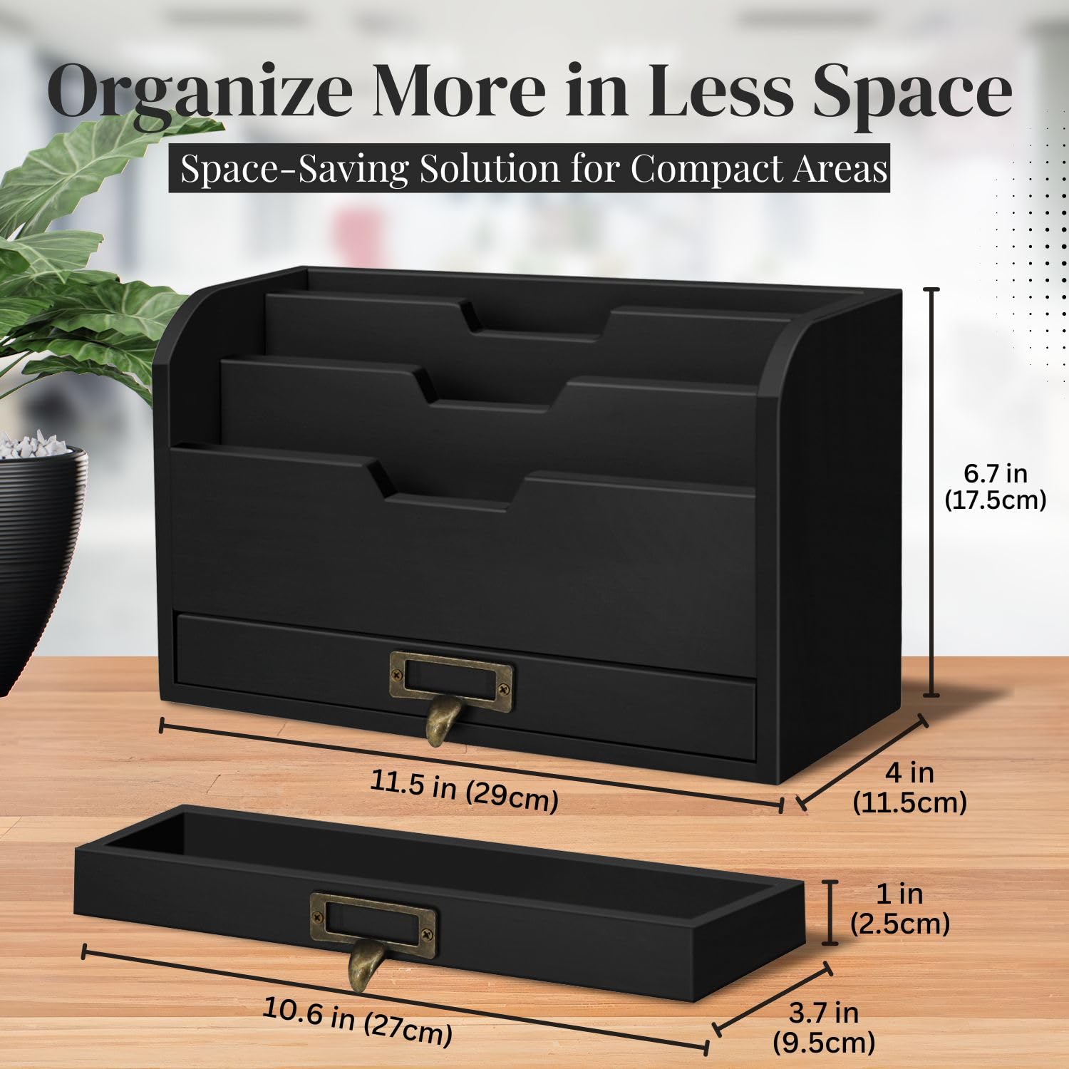 Flexzion 3-Tier Wooden Desk Organizer - Rustic Mail Sorter with Storage Drawer, Countertop File Tray & Pencil Holder for Home Office Organization | Perfect for Bills, Letters, Office Supplies & Stationery Storage