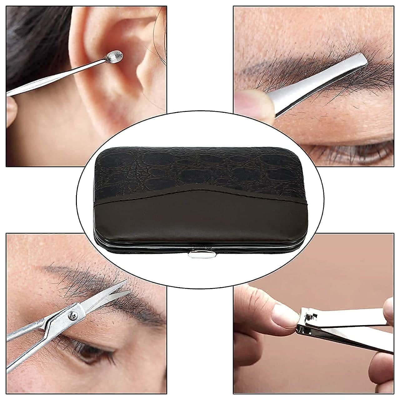 KREZON 7-in-1 Stainless Steel Manicure & Pedicure Kit for Men & Women - Nail Clippers, Grooming Tools, Acne Needle, Nail Files with Leather Case - Perfect for Travel, Home & Salon Use