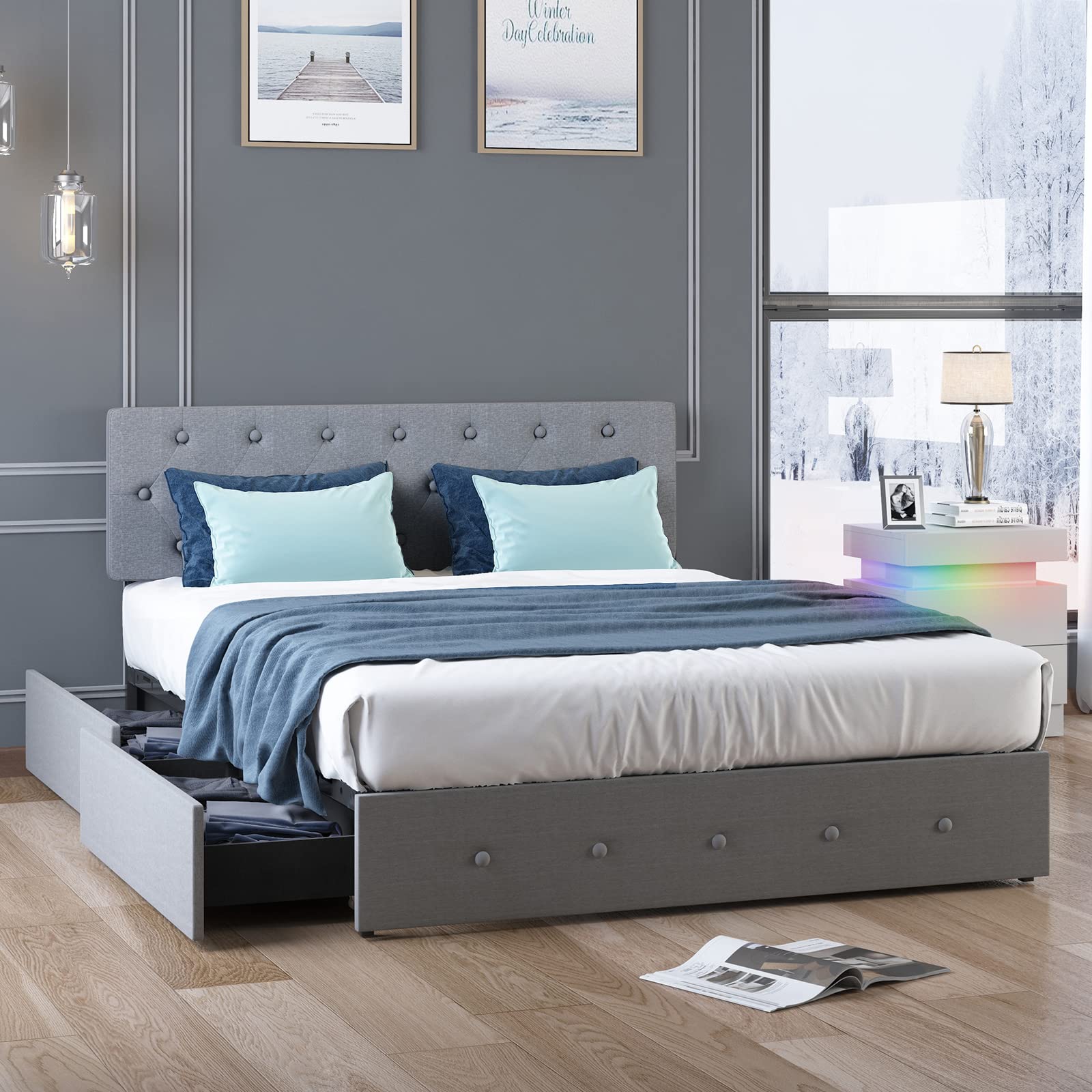 Mjkone Queen Size Platform Bed Frame with 4 Storage Drawers - Adjustable Headboard, Button Tufted Design, Wood Slat Support, No Box Spring Needed - Easy Assembly (Light Grey) | Modern Bedroom Furniture for Small Spaces & Storage Solutions