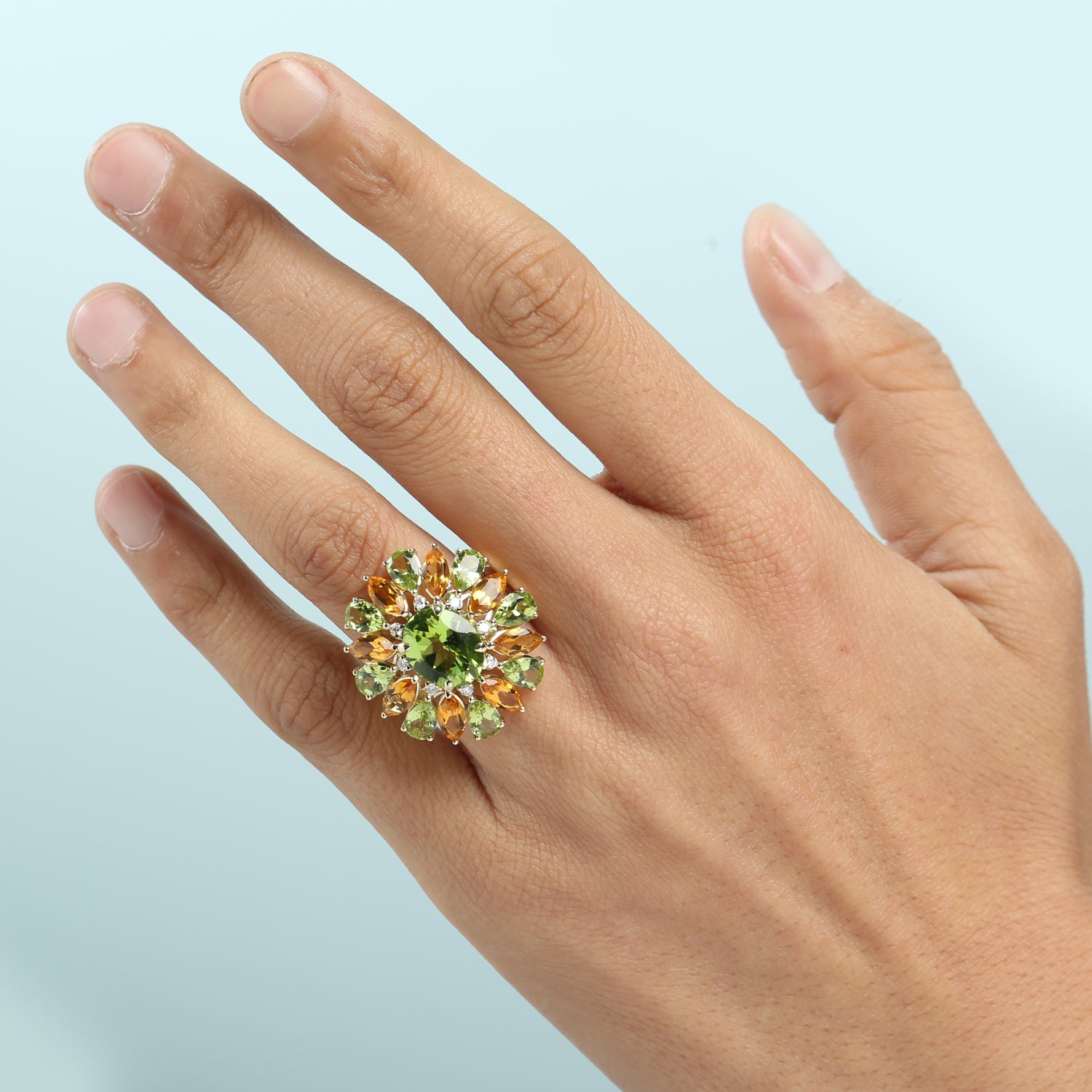14K Yellow Gold Pear Cut Peridot & Marquise Cut Citrine Pave Diamond Cocktail Ring for Women - Elegant Statement Jewelry for Parties, Weddings & Special Occasions