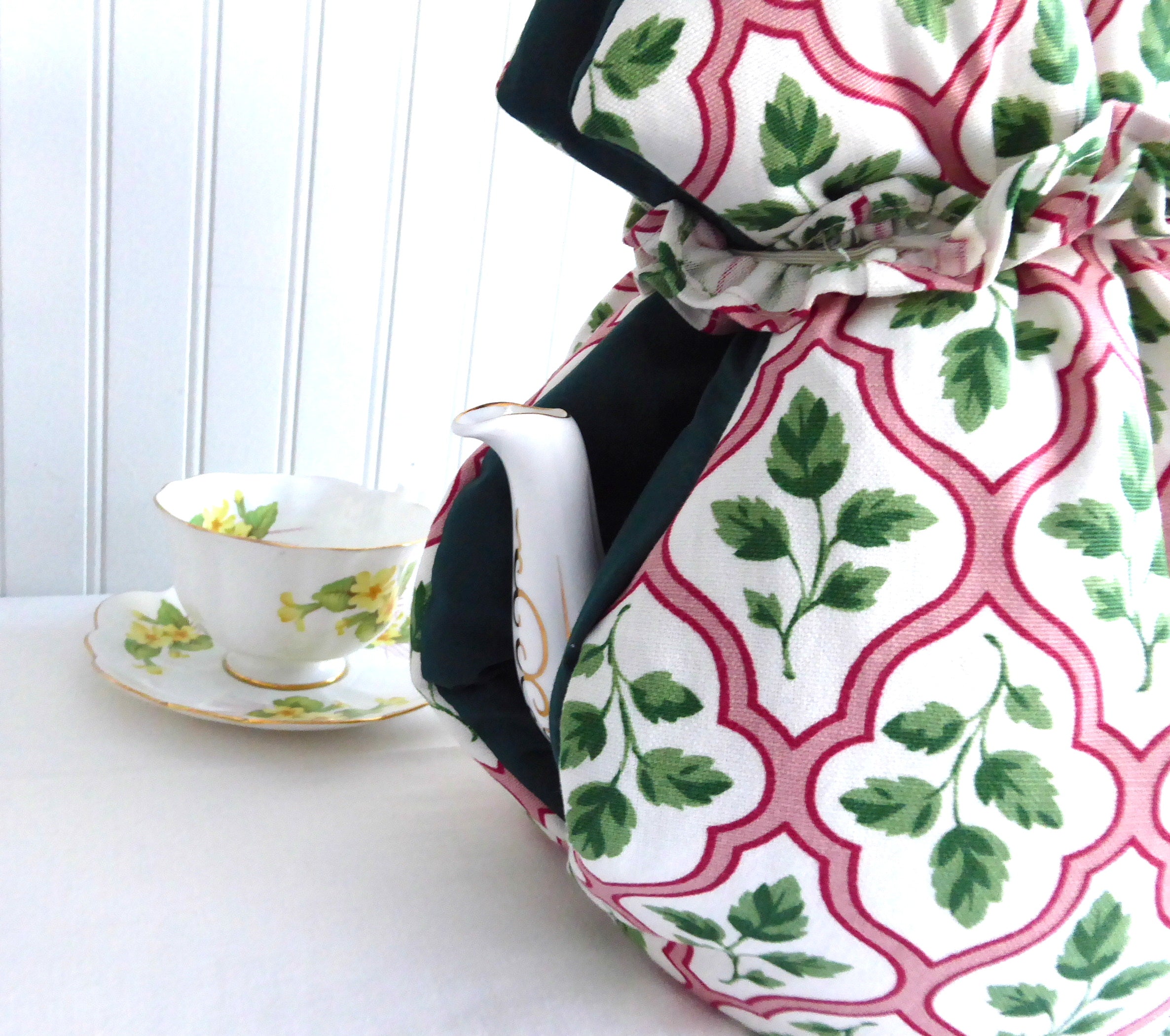 Large Tea Cozy - Padded Muff Style Insulated Tea Cover - Handmade Orchid Embroidery in Pink & Green - Perfect for Tea Parties & Winter Warmth